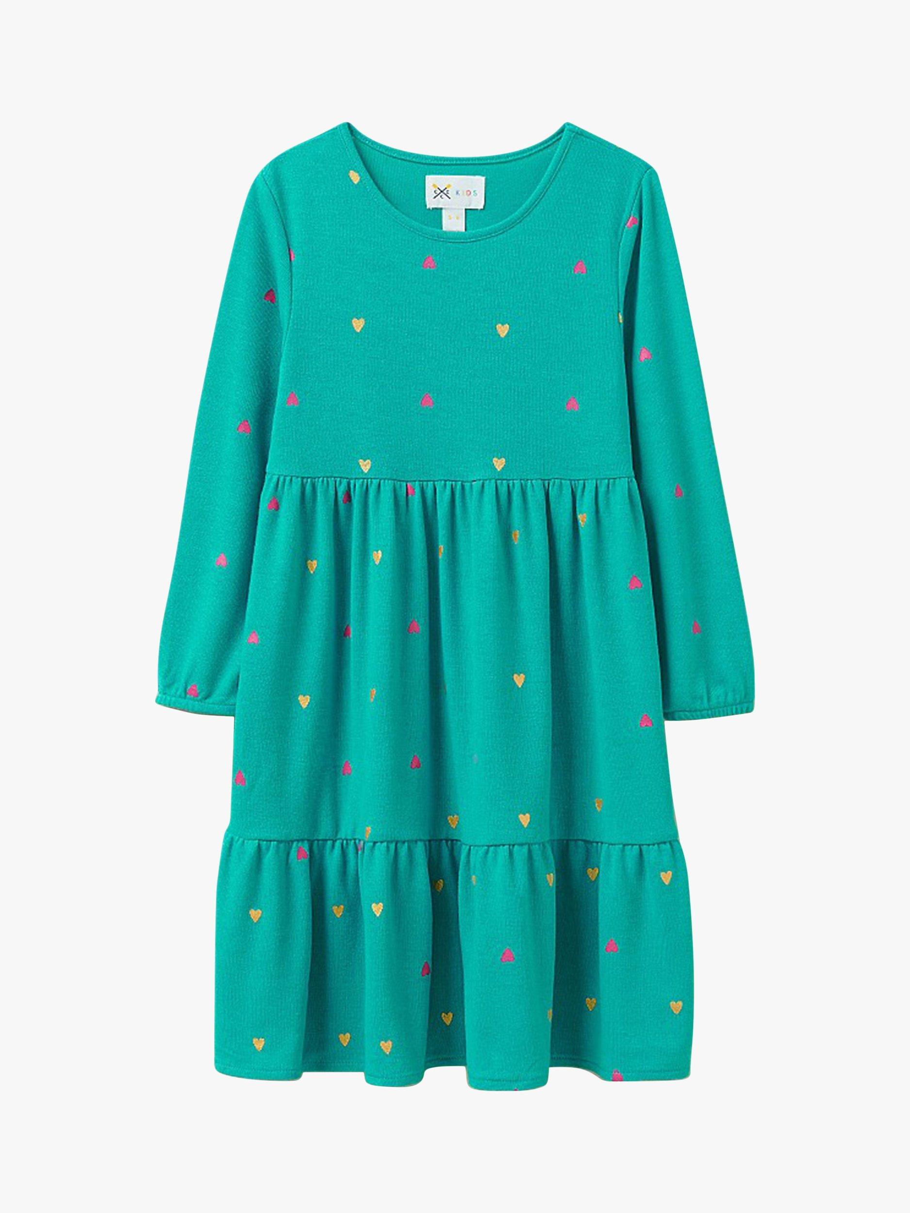 Crew Clothing Kids' Heart Print Jersey Smock Dress, Turquoise Blue