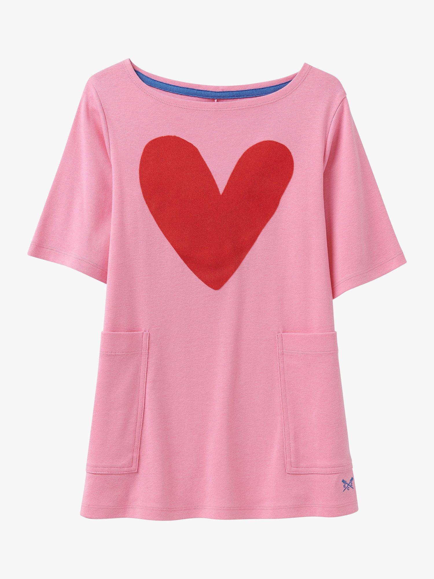 Crew Clothing Kids' Heart Print Short Sleeve Tunic, Mid Pink