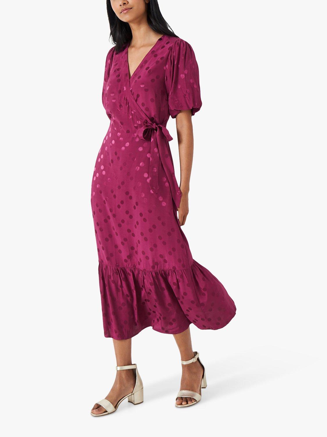 Crew Clothing Mel Jacquard Spot Midi Wrap Dress, Magenta