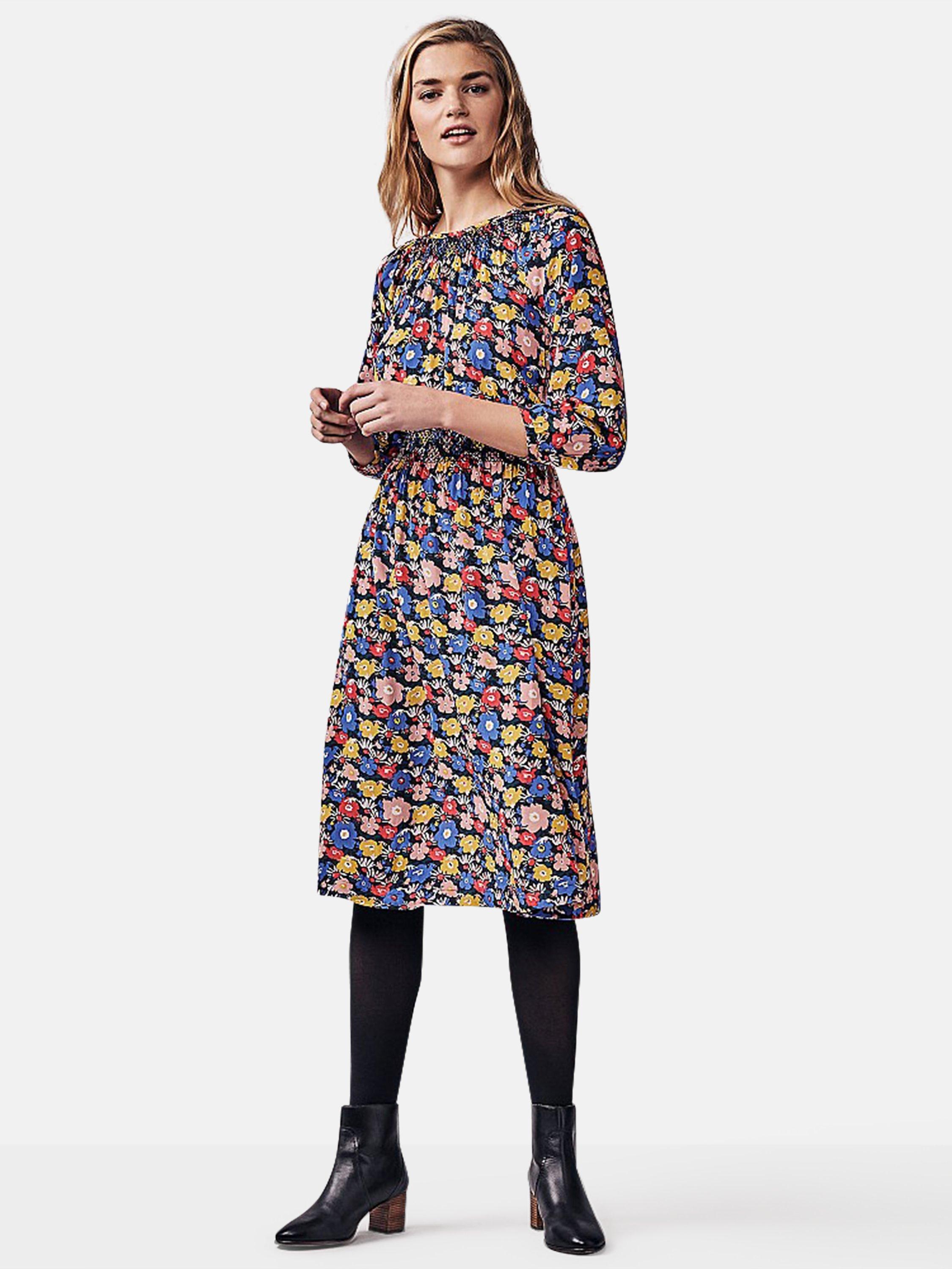 Crew Clothing Lucinda Floral Print Ruched Waist Dress, Blue/Multi