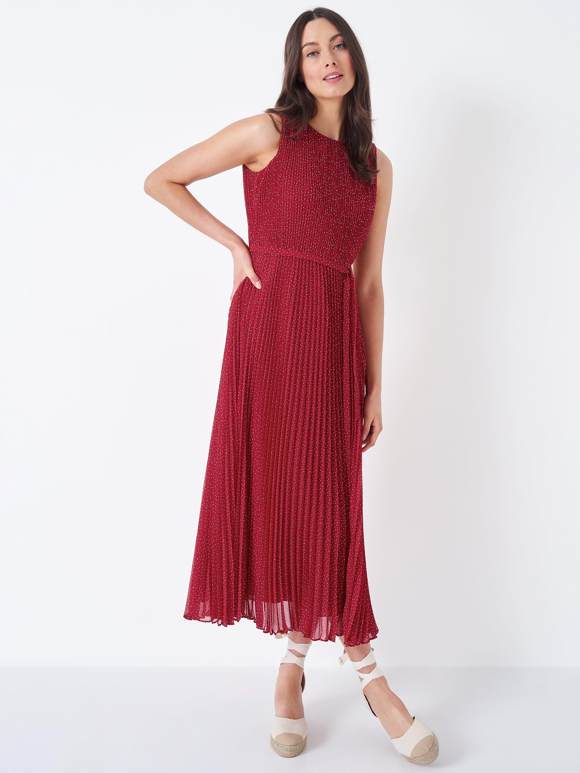 Crew Clothing Plisse Spot Midi Dress, Red/White