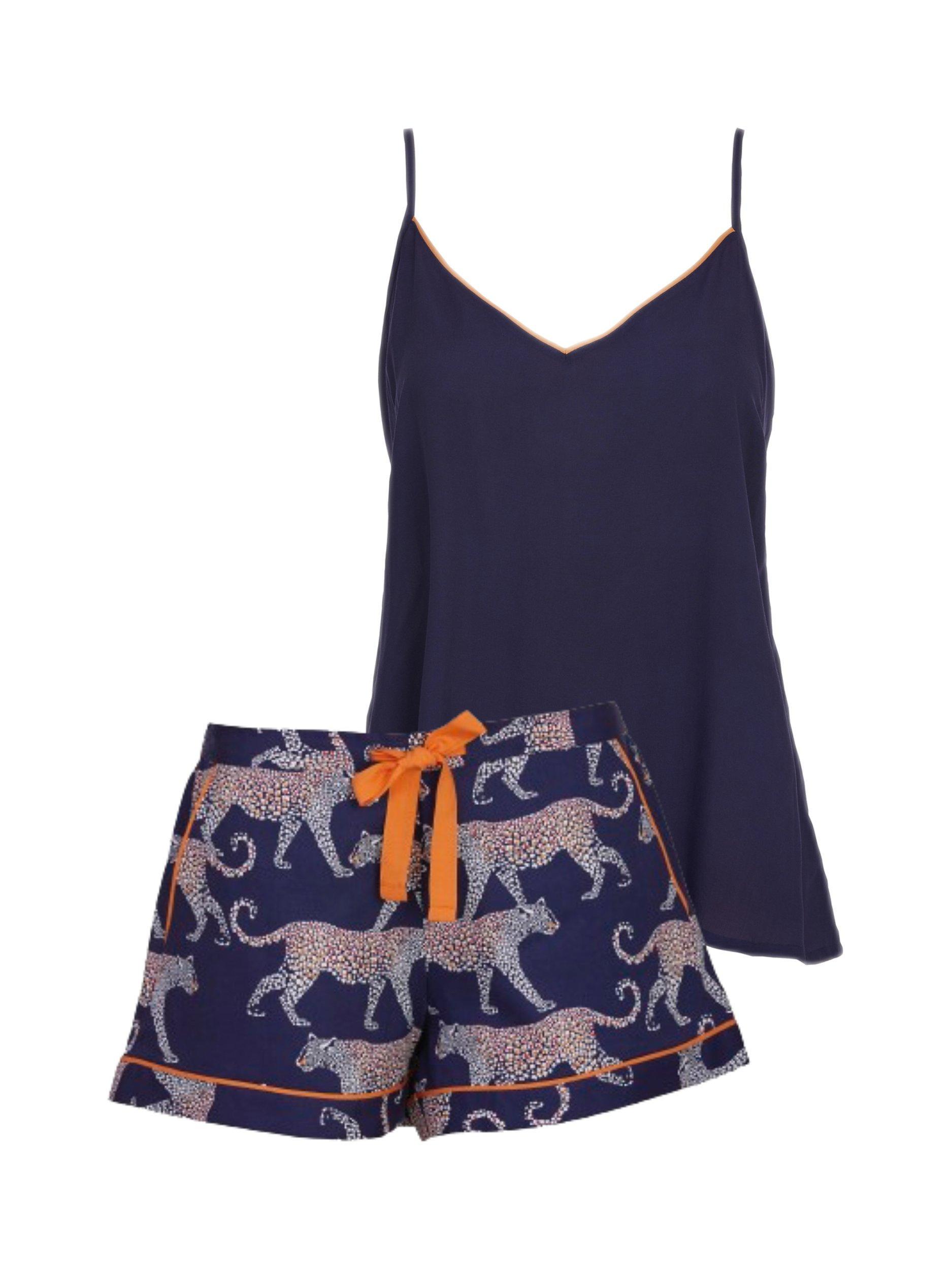 Cyberjammies Taylor Leopard Print Cami and Shorts Pyjama Set, Navy