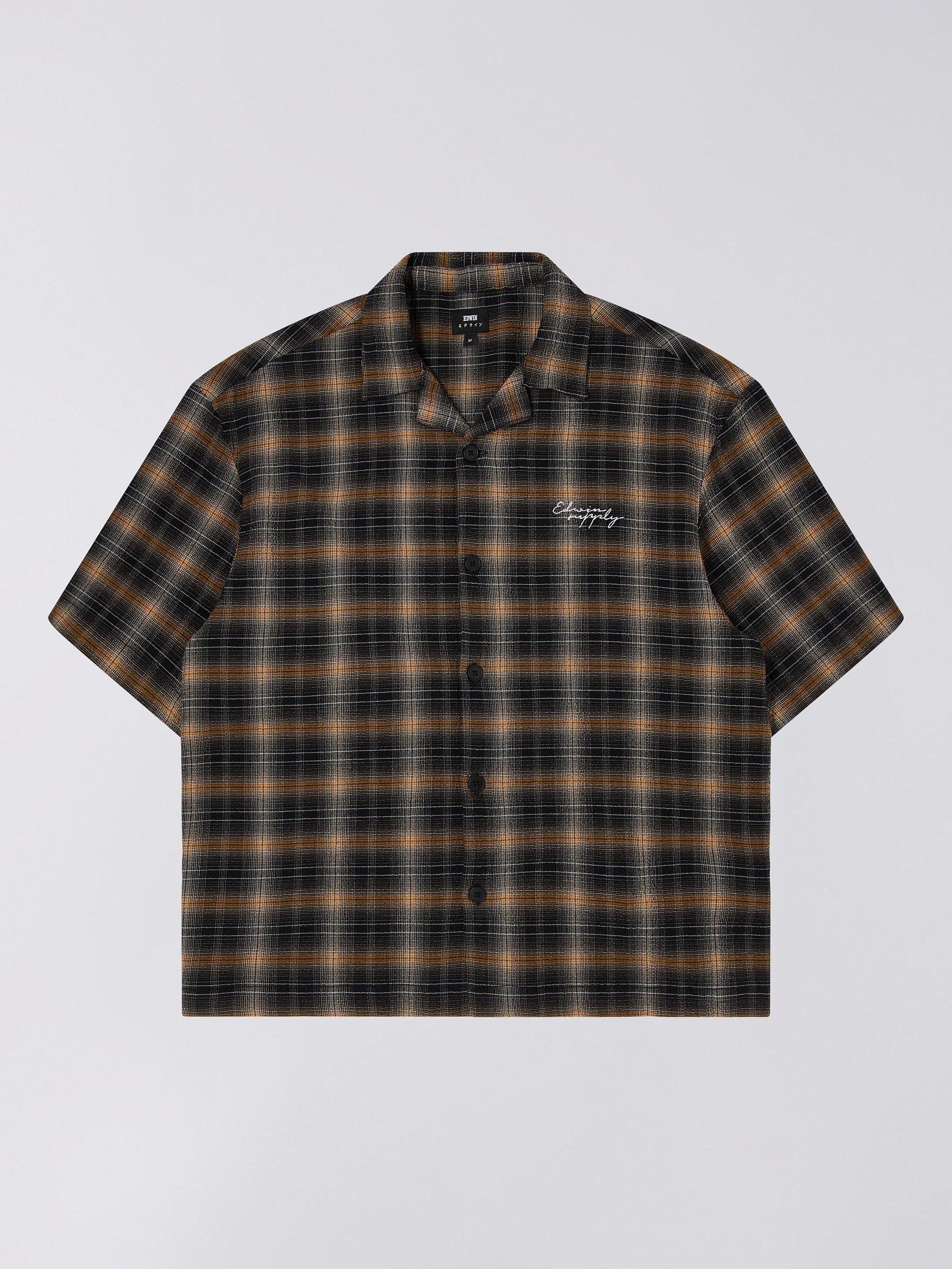 Edwin Saga Short Sleeve Check Seersucker Shirt, Black/Yellow