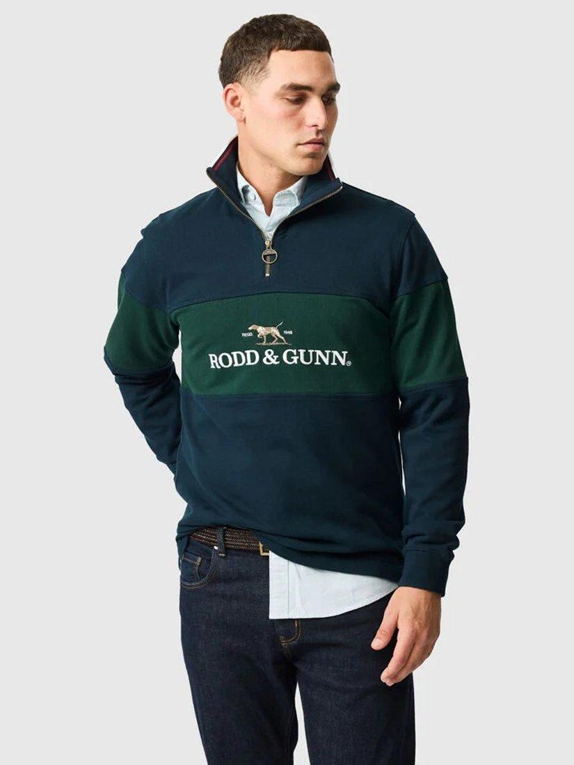Product image 1 of 7, which shows Rodd & Gunn Foresters Peak Logo Cotton Quarter Zip Neck Sweatshirt, Eclipse, XS