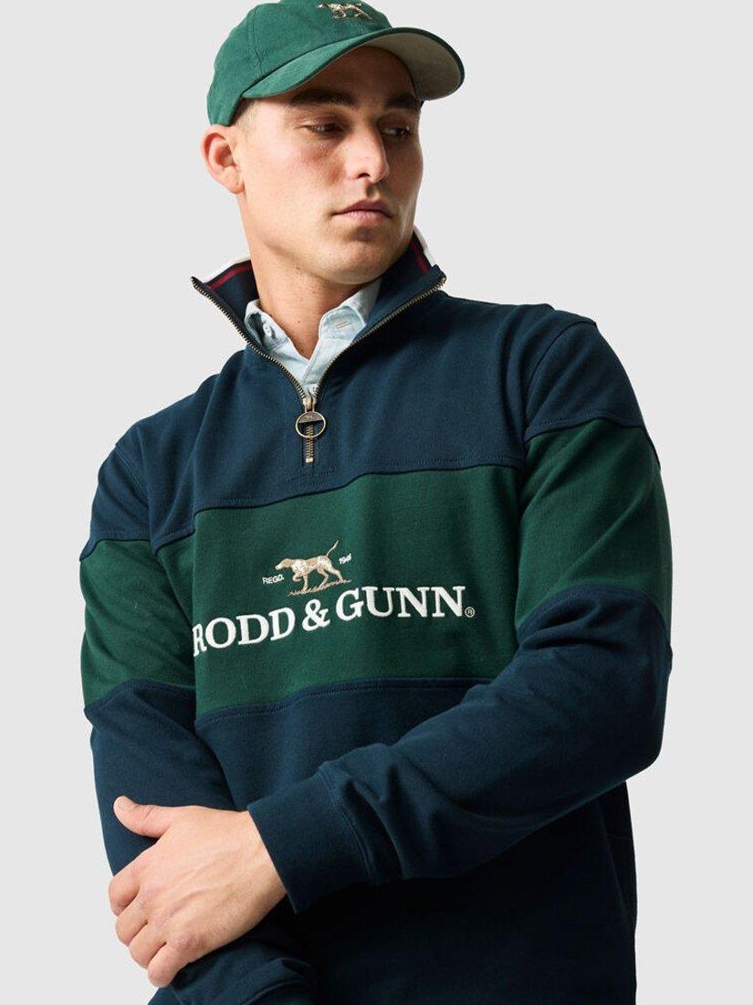 Product image 5 of 7, which shows Rodd & Gunn Foresters Peak Logo Cotton Quarter Zip Neck Sweatshirt, Eclipse, XS