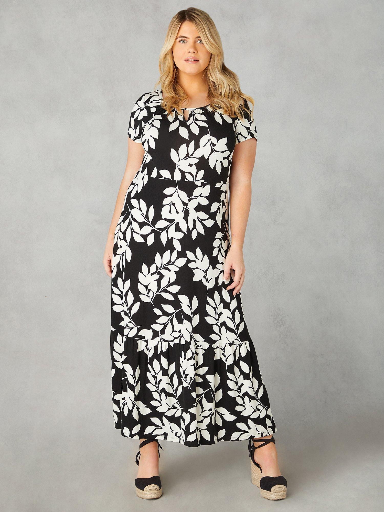 Product image 2 of 7, which shows Live Unlimited Mono Leaf Print Jersey Keyhole Maxi Dress, Black, 12