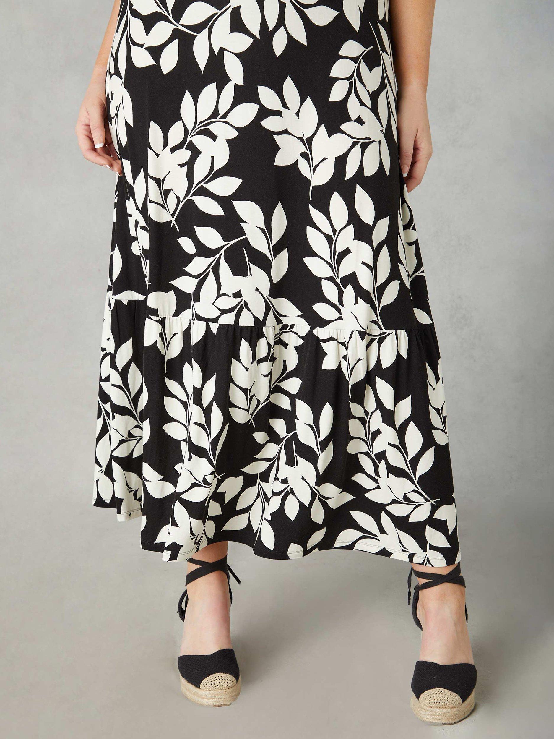 Product image 4 of 7, which shows Live Unlimited Mono Leaf Print Jersey Keyhole Maxi Dress, Black, 12