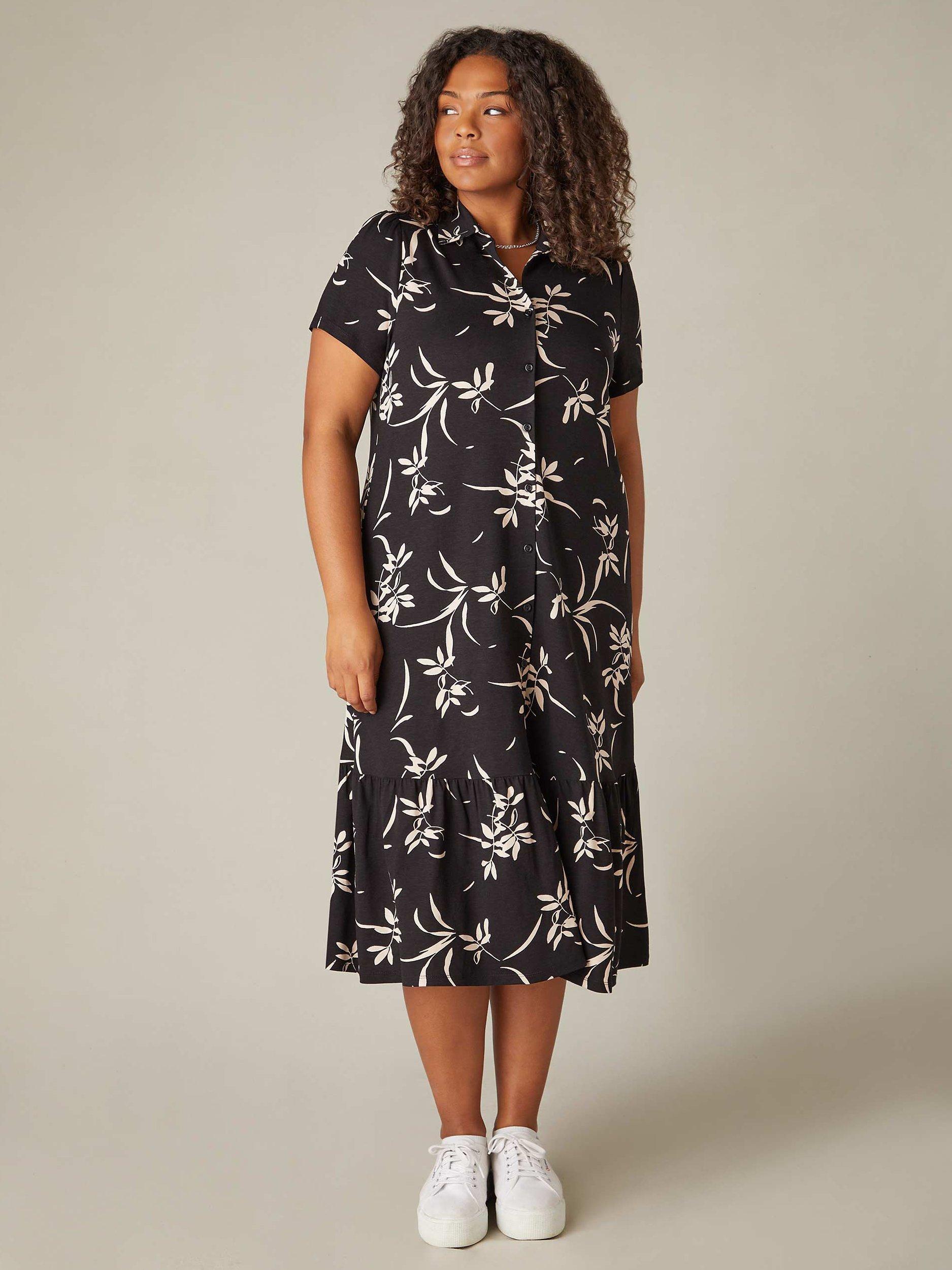 Live Unlimited Curve Floral Jersey Tiered Midaxi Shirt Dress Black