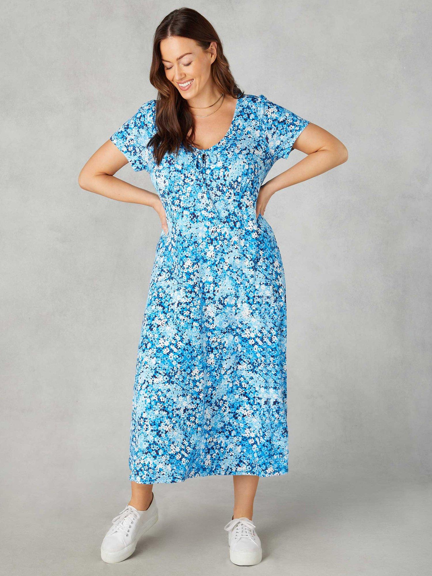 Live Unlimited Curve Petite Floral Jersey Tie Front Midaxi Dress, Blue