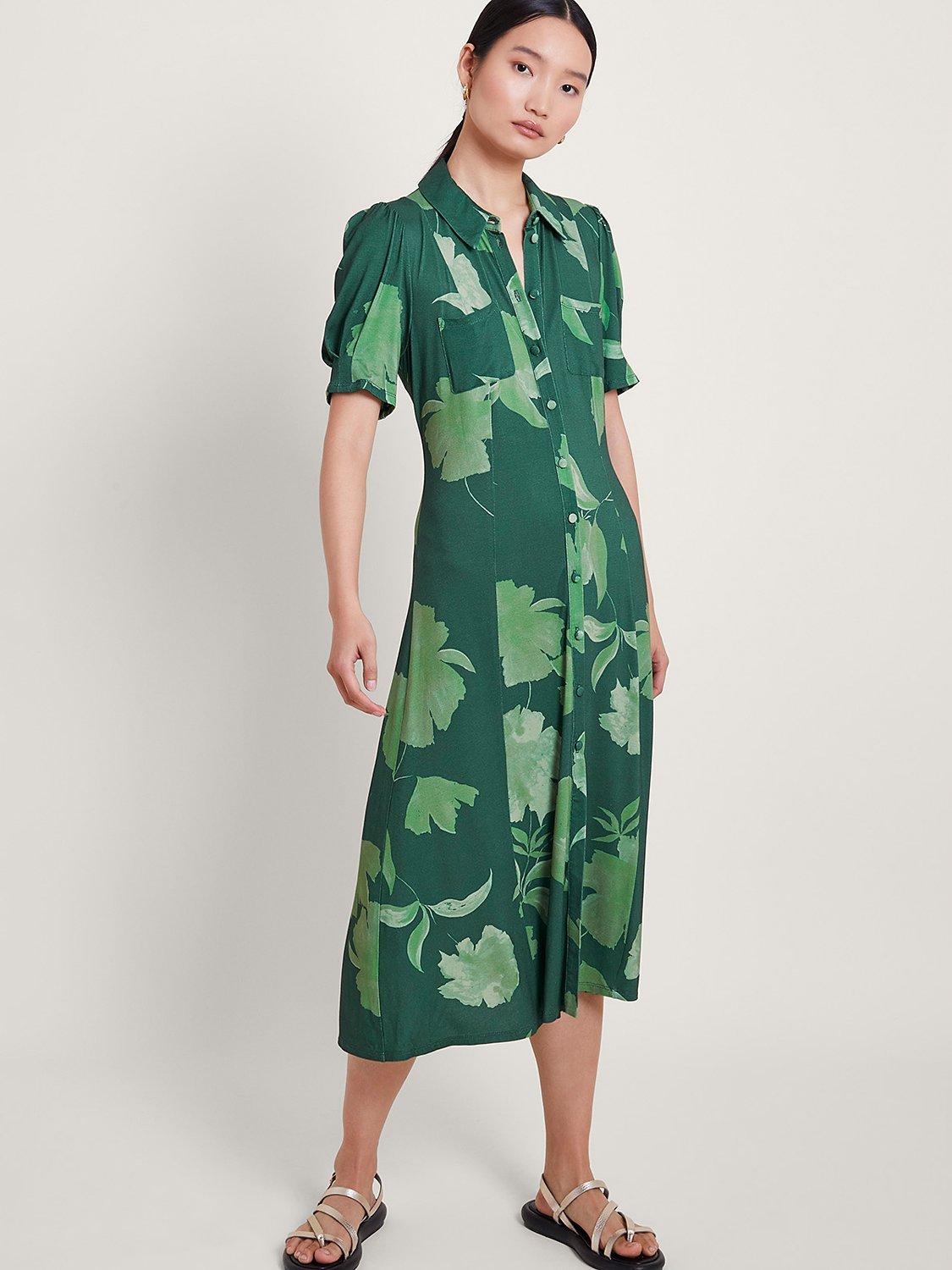 Monsoon Zannah Leaf Print Midi Shirt Dress, Green