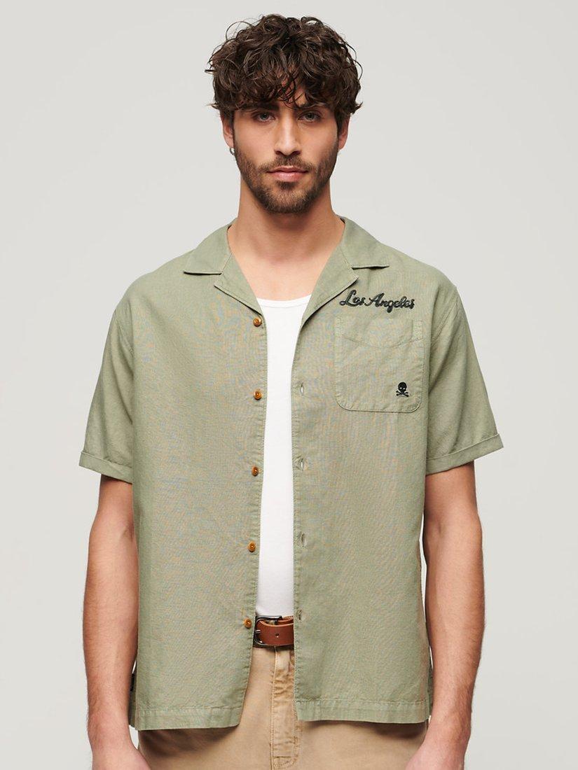 Superdry Resort Linen Blend Short Sleeve Shirt, Light Khaki Green
