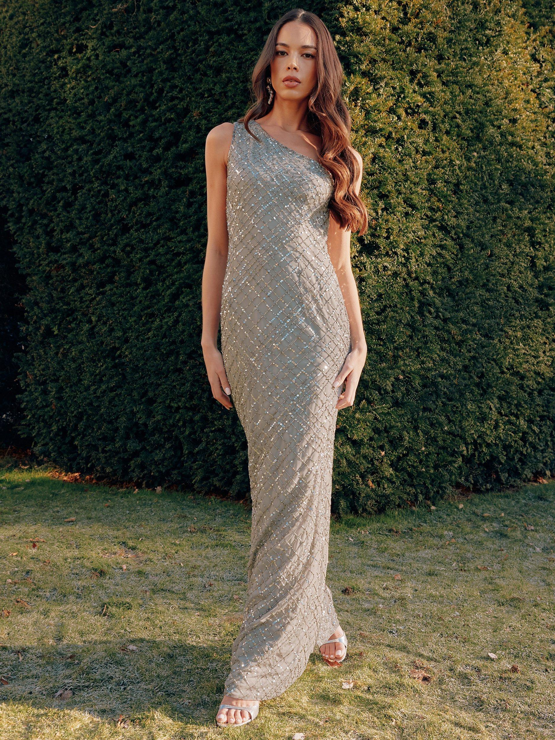 Ro&Zo Embellished One Shoulder Column Maxi Dress, Grey