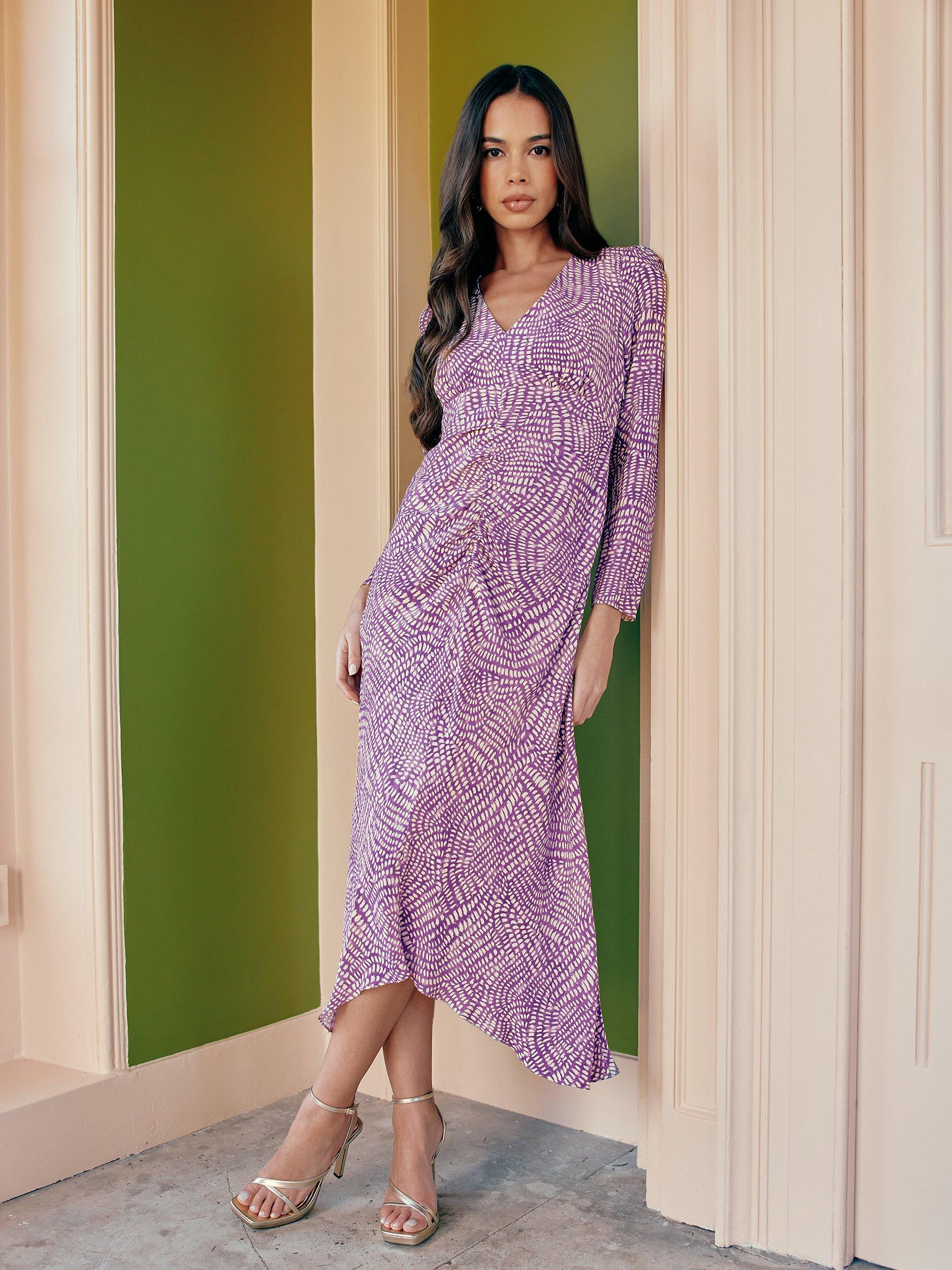 Product image 1 of 6, which shows Ro&Zo Geo Print Ruched Front Midi Dress, Purple, 10
