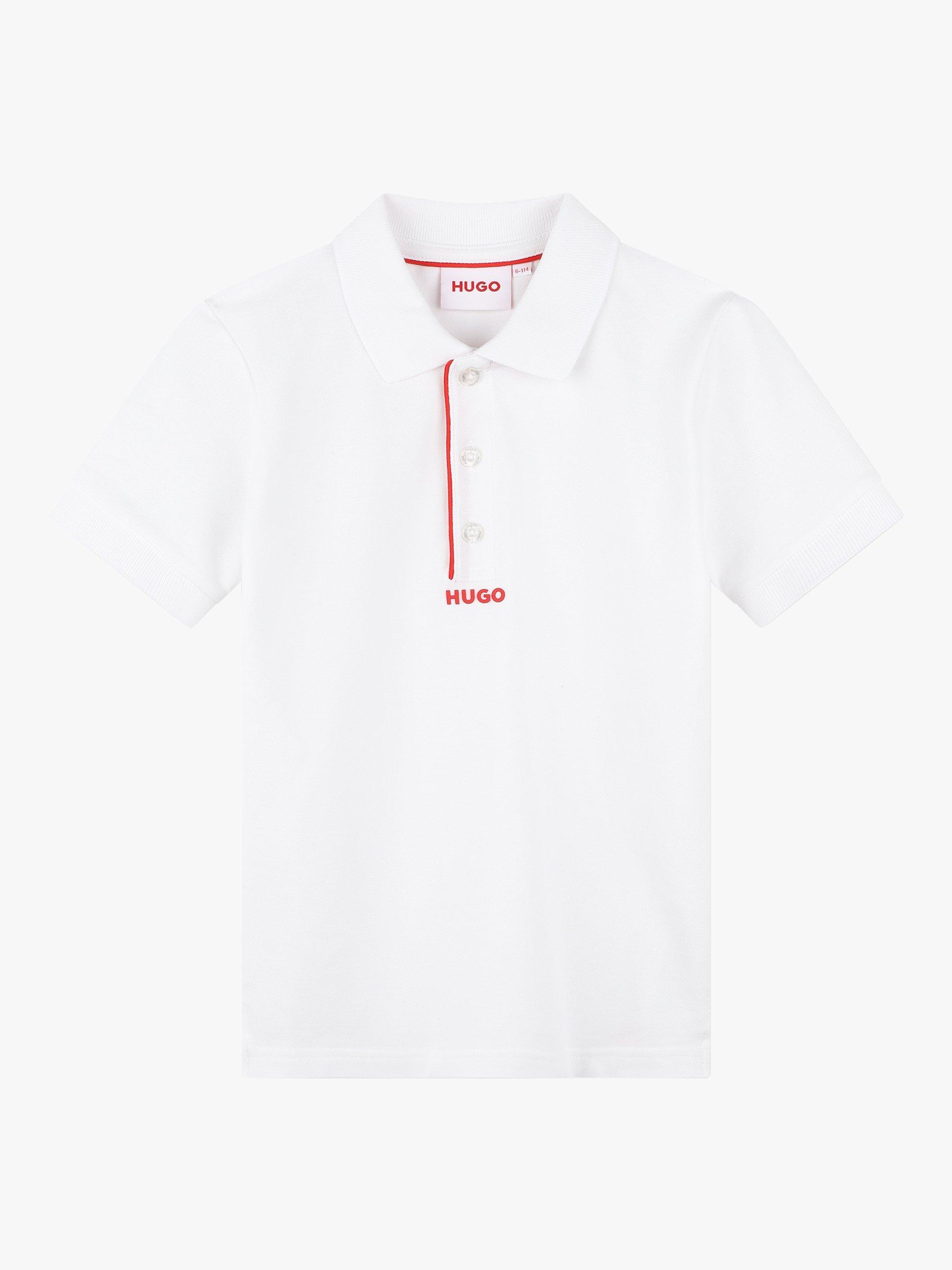 Product image 1 of 2, which shows BOSS Kids' HUGO Logo Piqué Short Sleeve Polo Shirt, White, 6 years