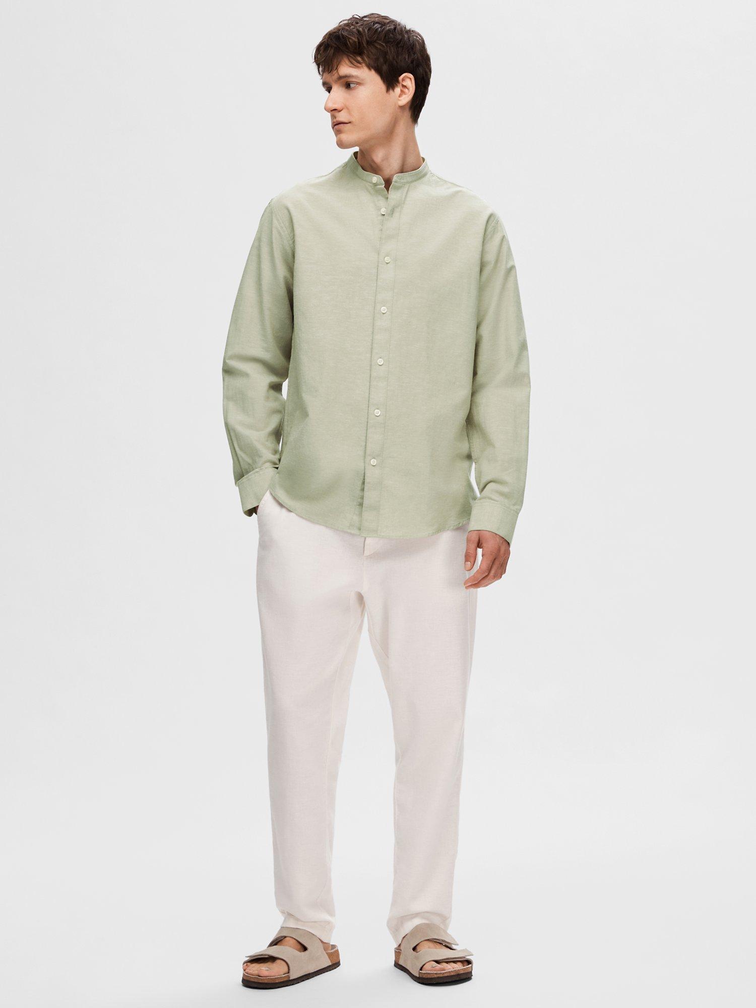 SELECTED HOMME Band Collar Linen Cotton Blend Shirt, Vetiver, S