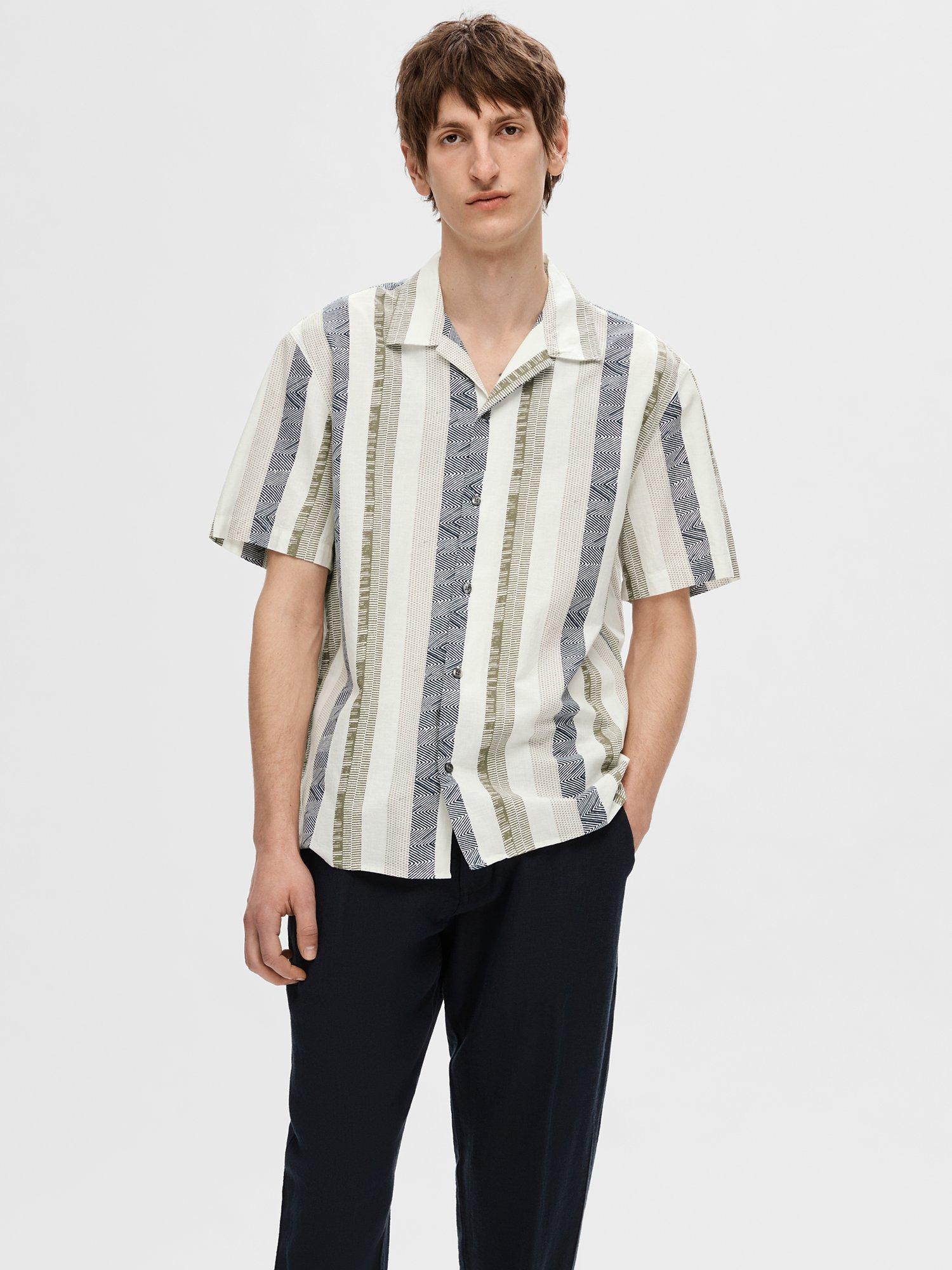 SELECTED HOMME Stripe Linen Cotton Blend Shirt, Egret/Multi