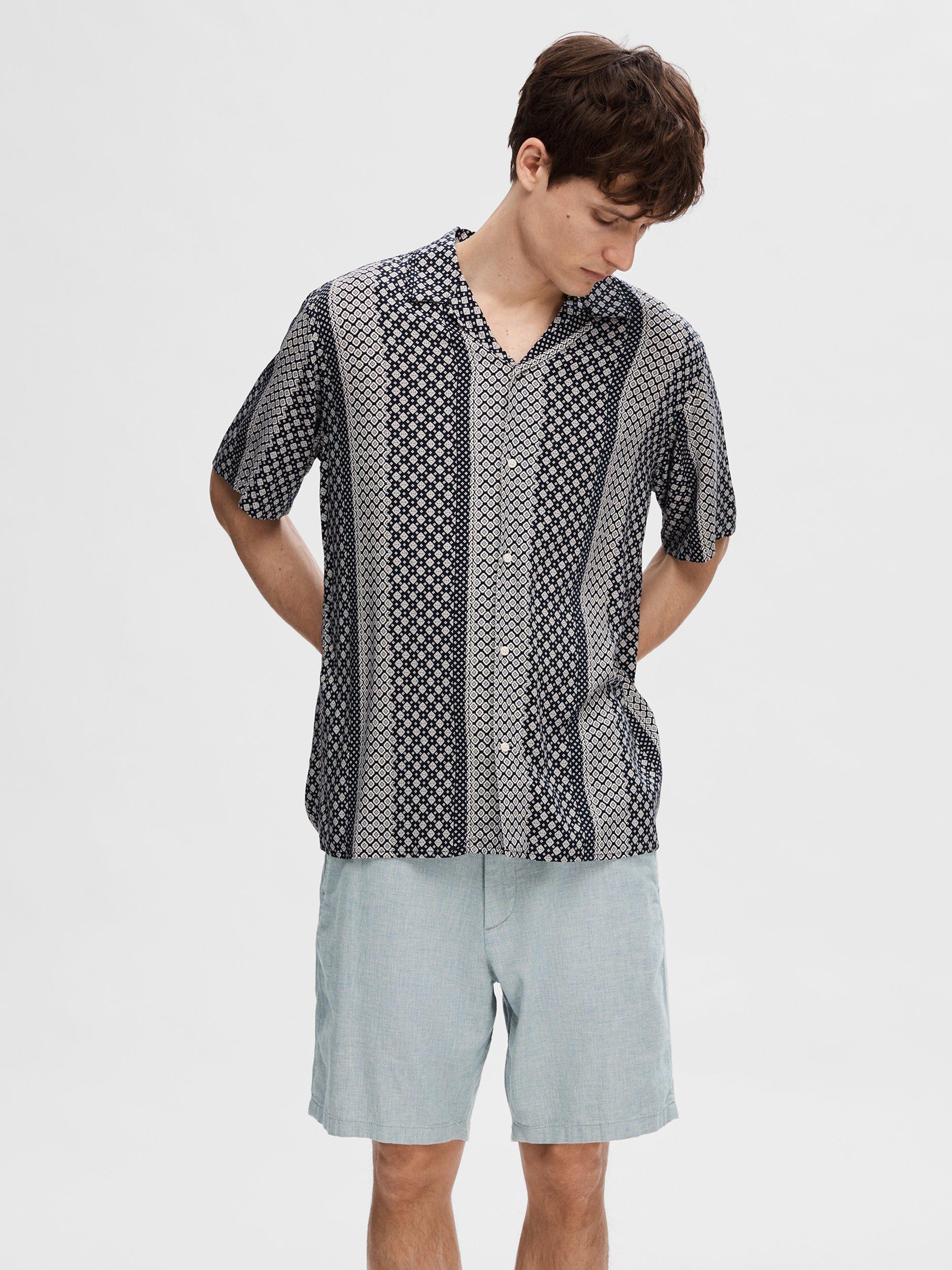 SELECTED HOMME Vero Geometric Print Short Sleeve Shirt, Sky Captain/Multi