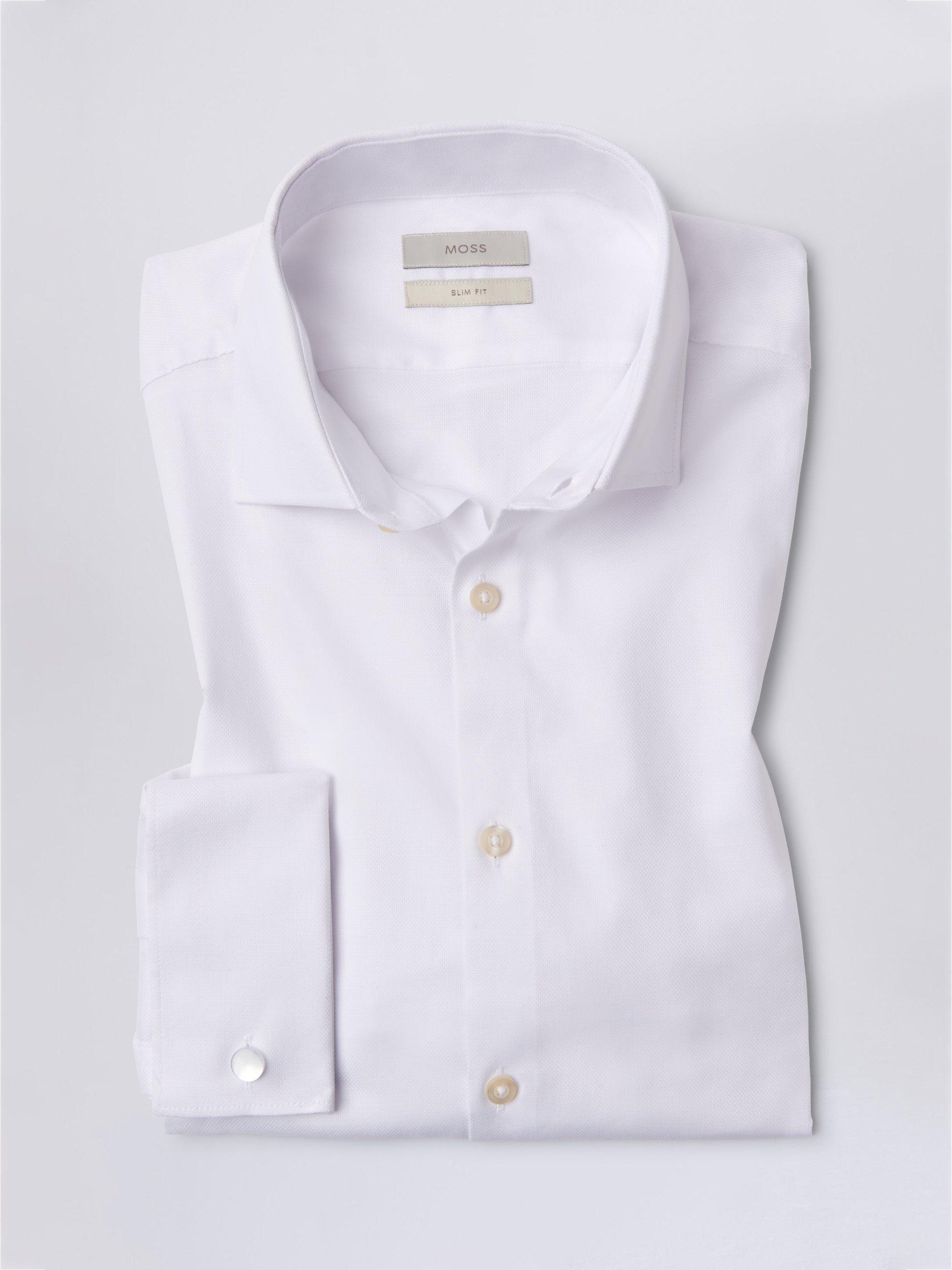 Moss Slim Fit Dobby Cotton Blend Stretch Double Cuff Shirt, White, 18