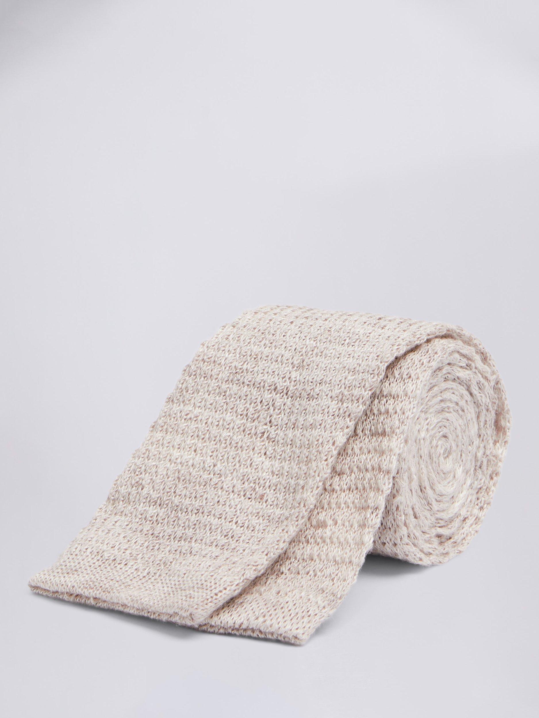 Moss Melange Knitted Linen Tie, Beige, One Size