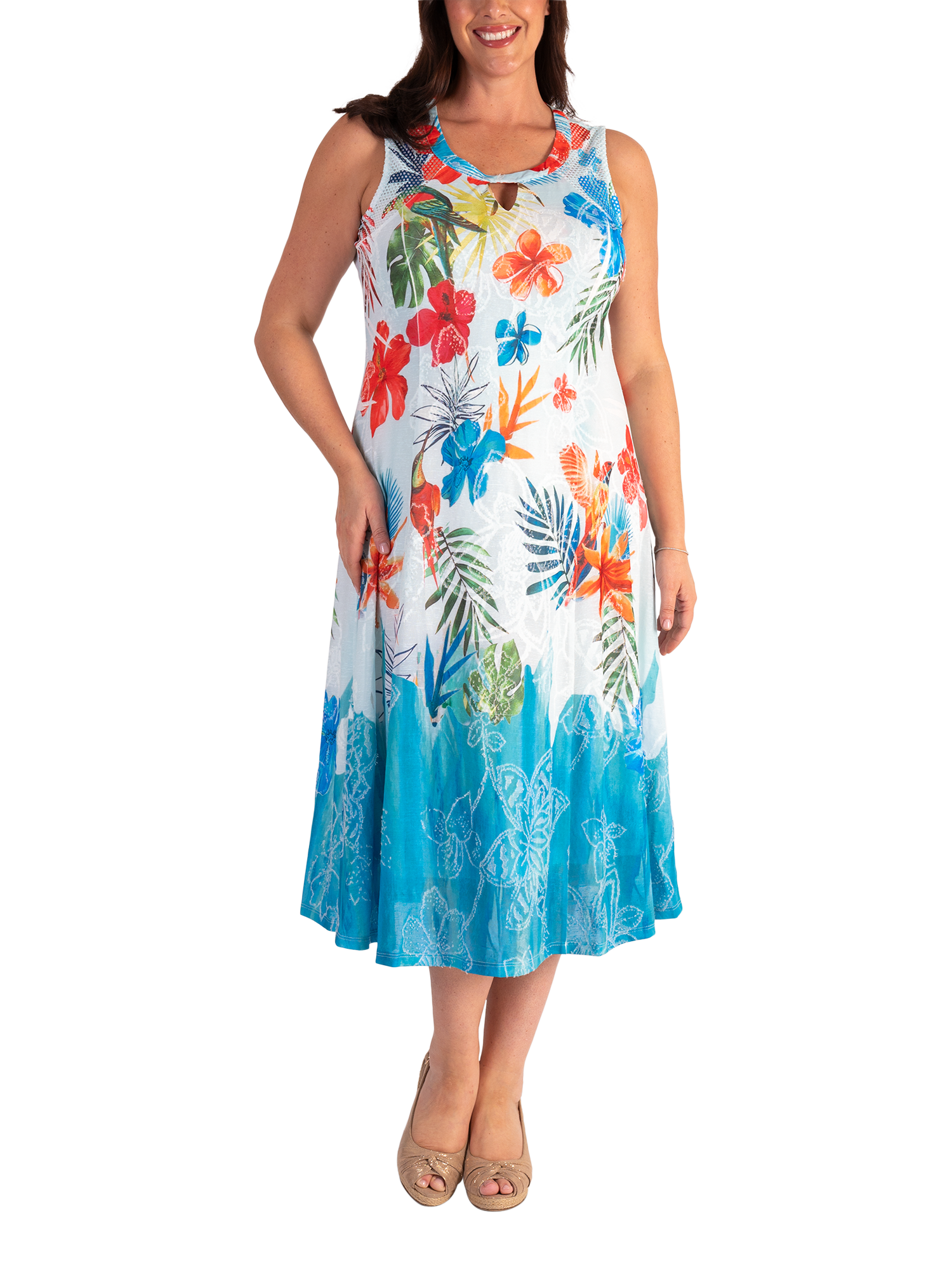 chesca Hibiscus Border Sleeveless Mesh Midi Dress, White/Multi
