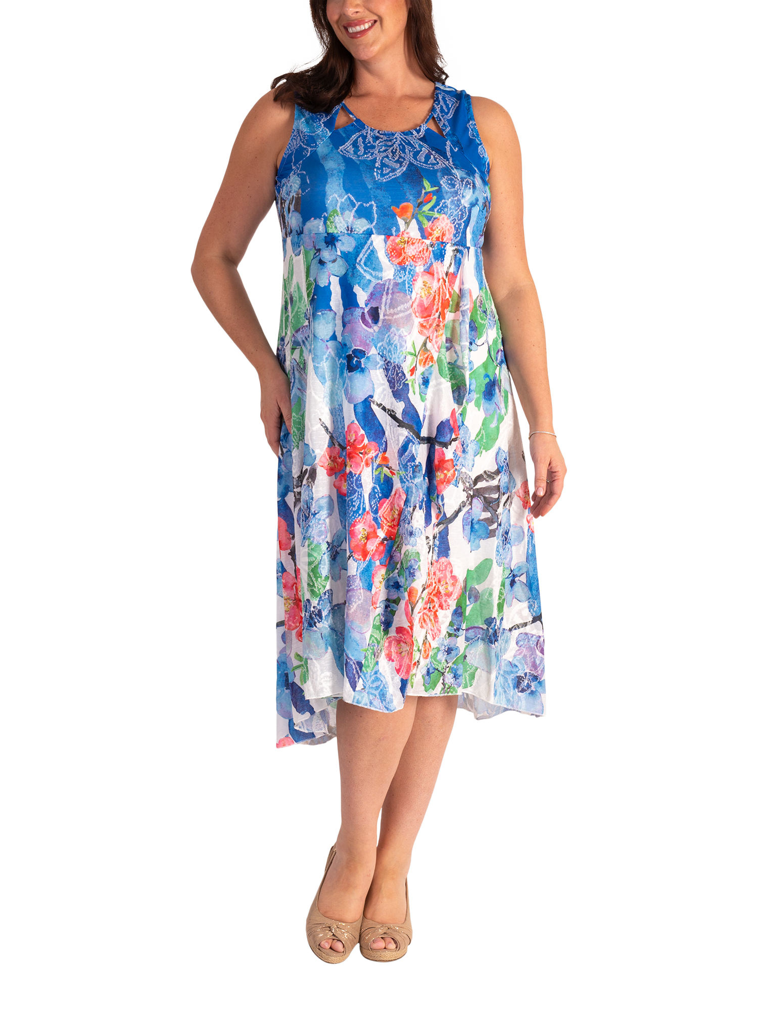 chesca Tropical Flowers Sleeveless Mesh Midi Dress, Blue/Multi