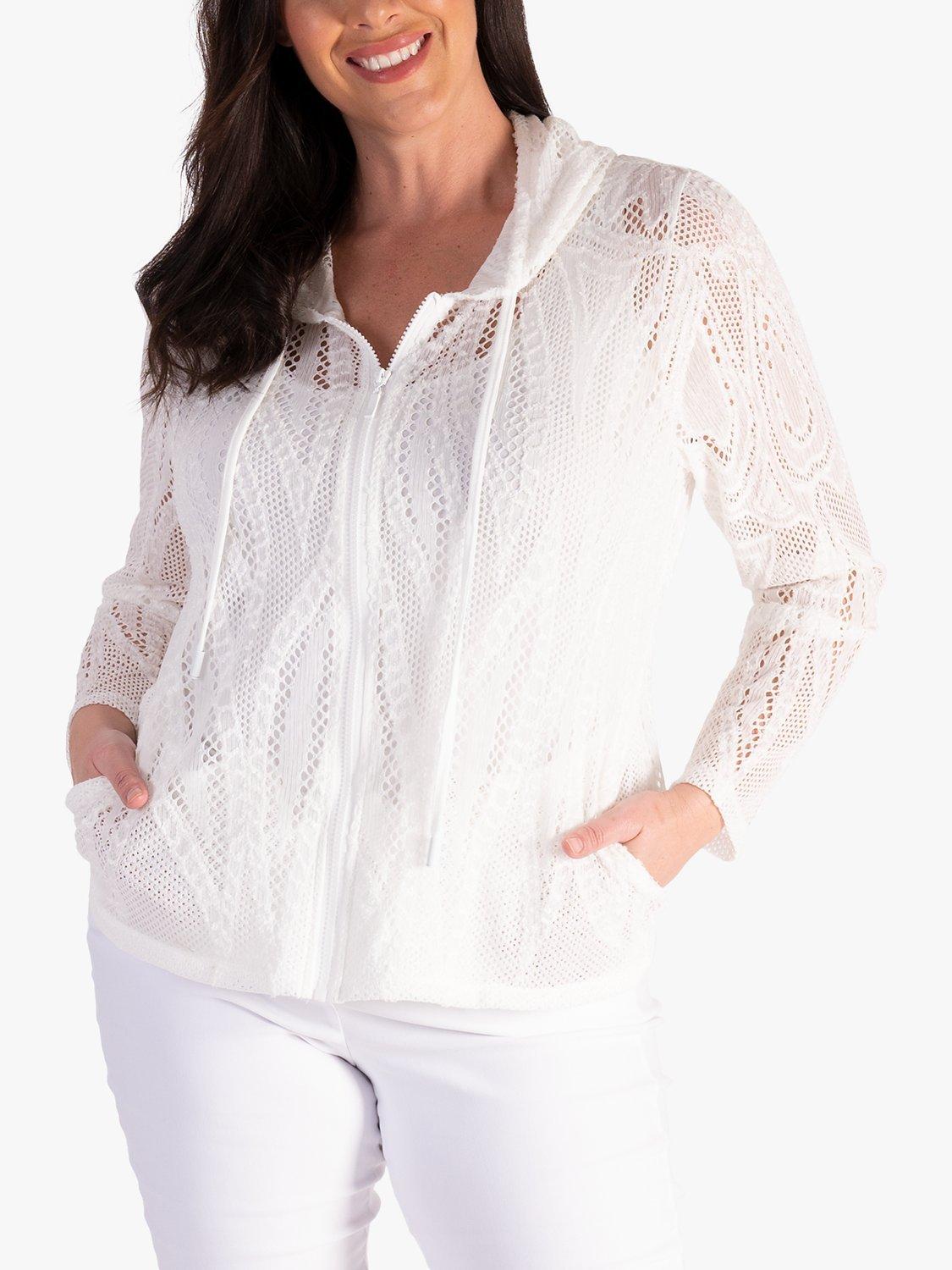 chesca Lace Mesh Zip Through Hoodie, White