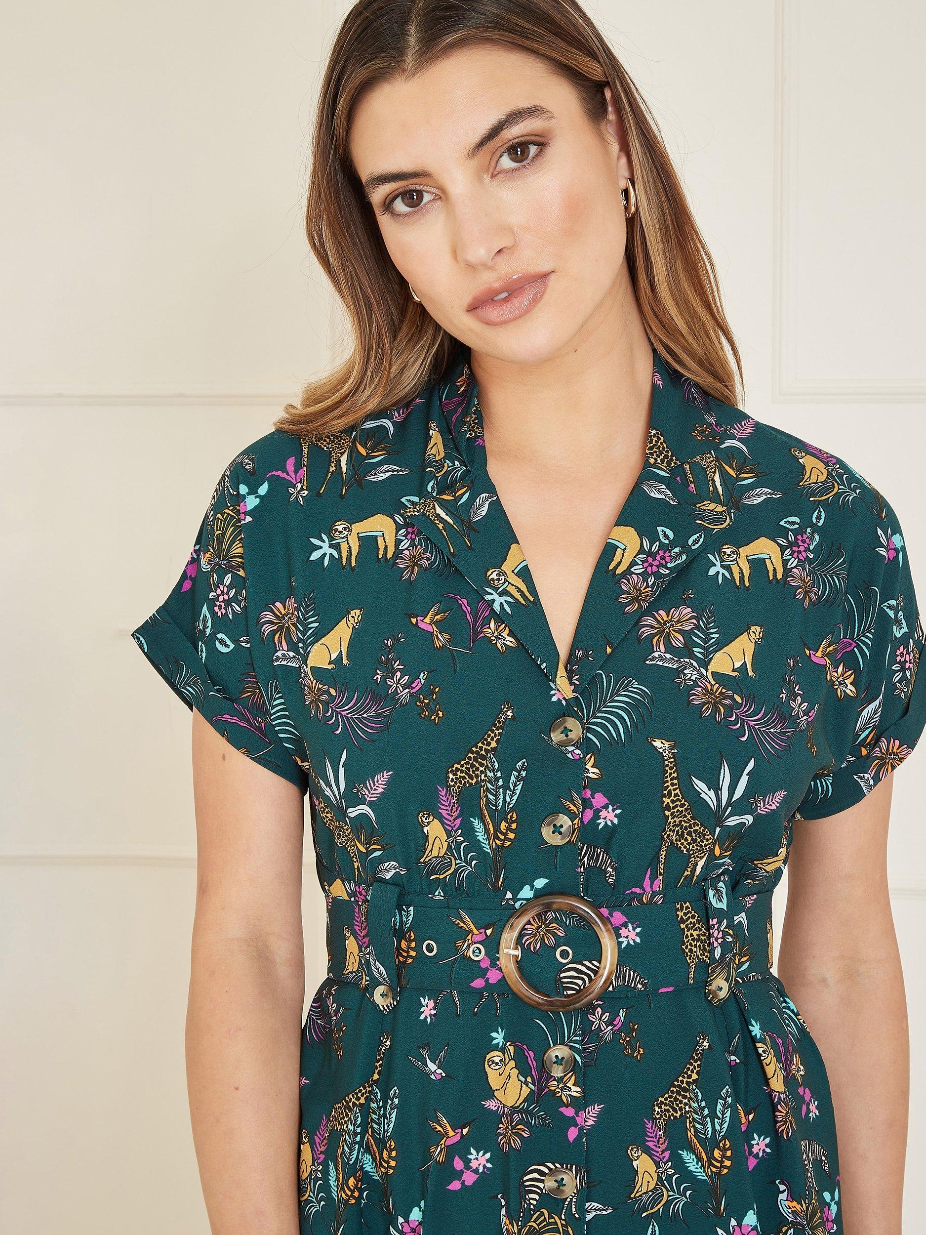 Product image 2 of 5, which shows Yumi Animal Print Shirt Midi Dress, Green, 16