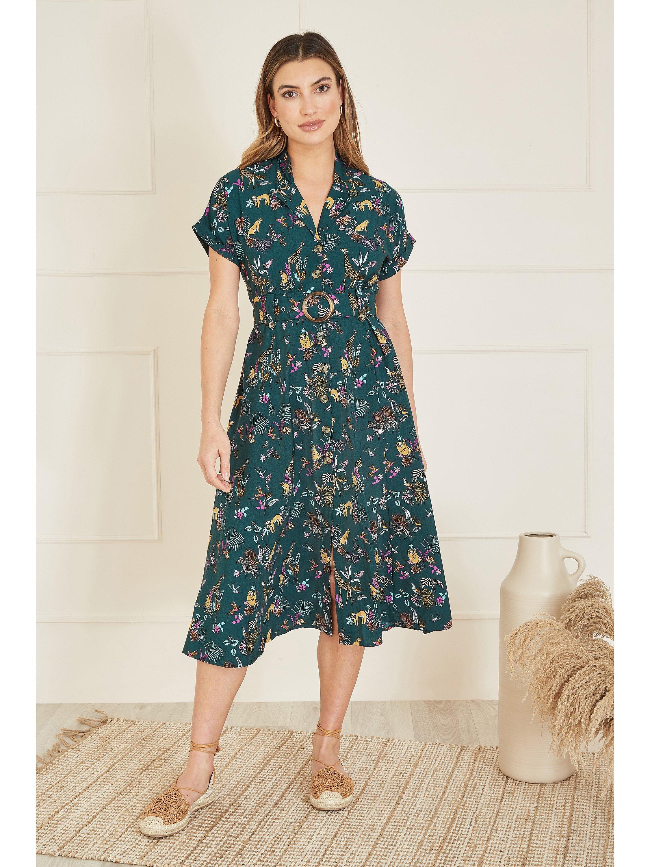 Product image 3 of 5, which shows Yumi Animal Print Shirt Midi Dress, Green, 16