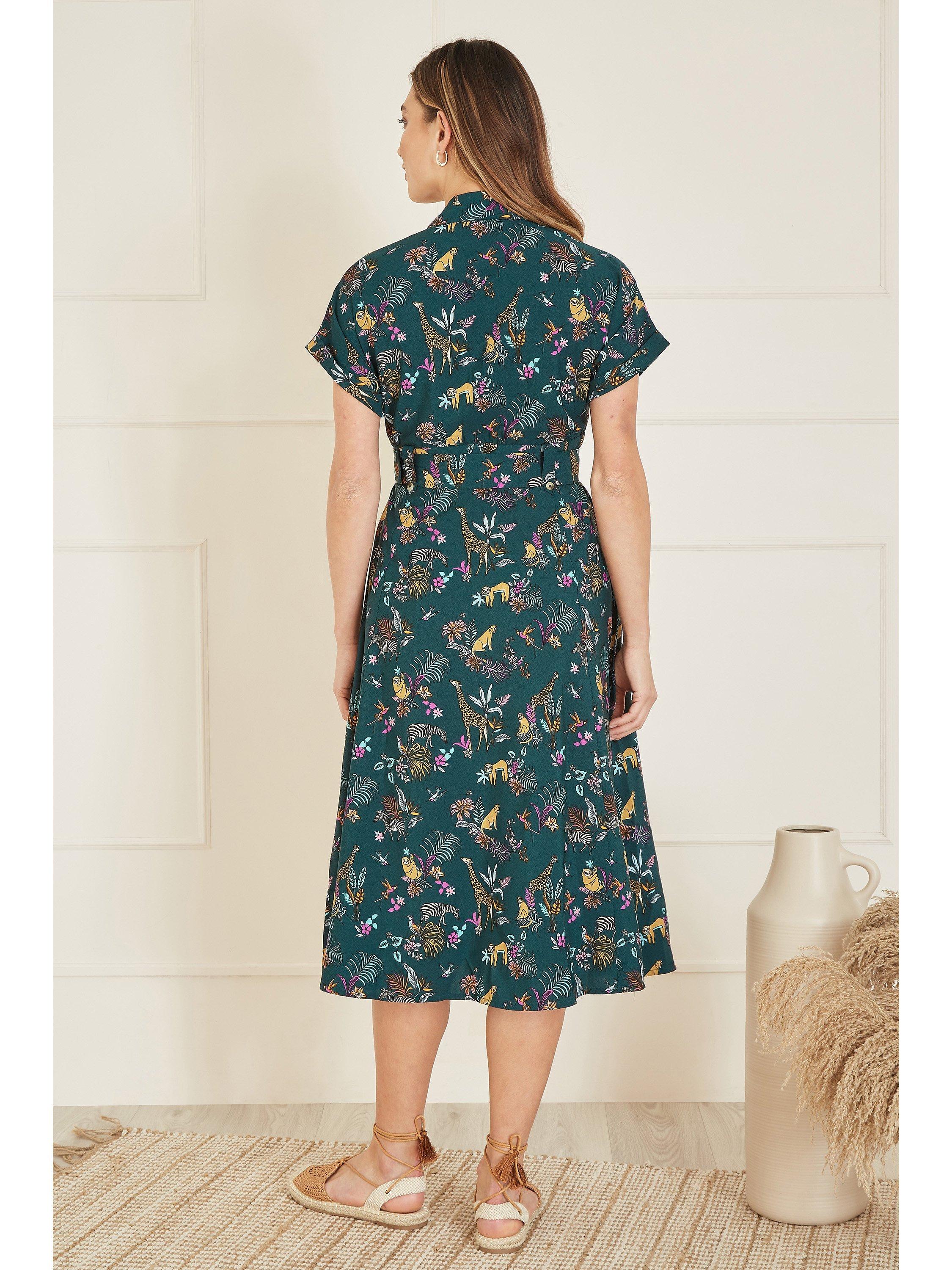 Product image 4 of 5, which shows Yumi Animal Print Shirt Midi Dress, Green, 16