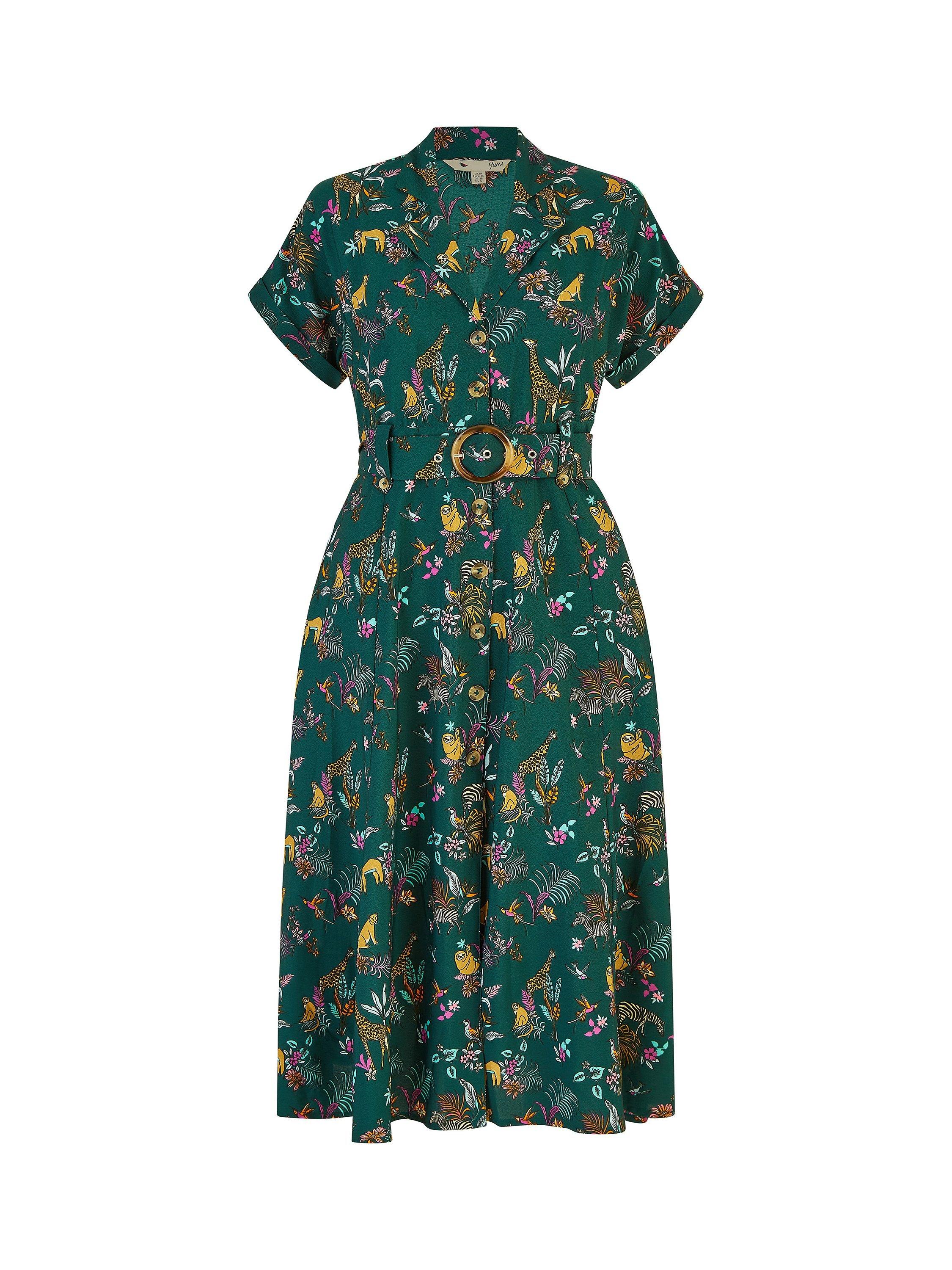 Product image 5 of 5, which shows Yumi Animal Print Shirt Midi Dress, Green, 16