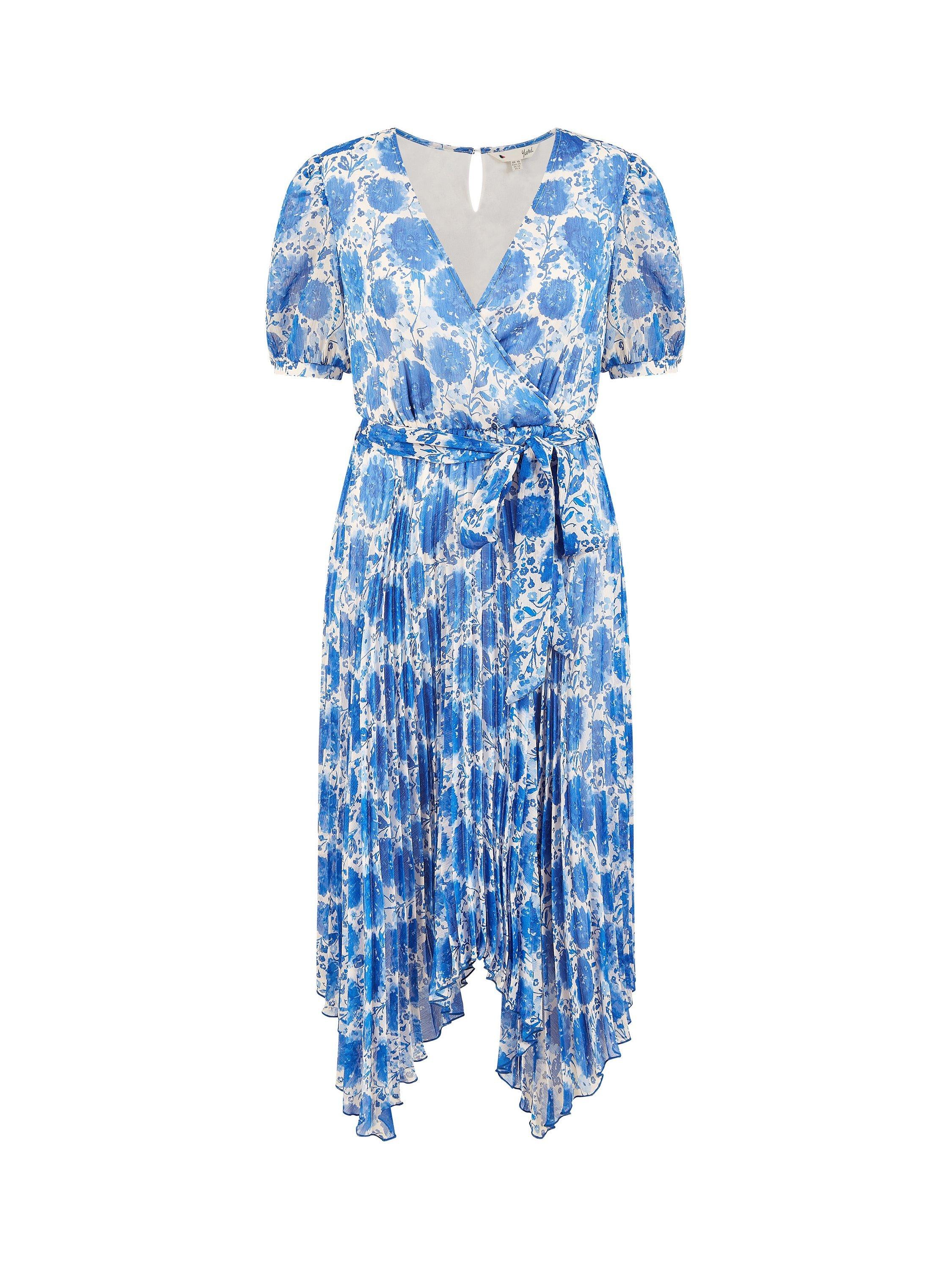 Product image 6 of 6, which shows Yumi Floral Pleat Midi Wrap Dress, Blue, 8