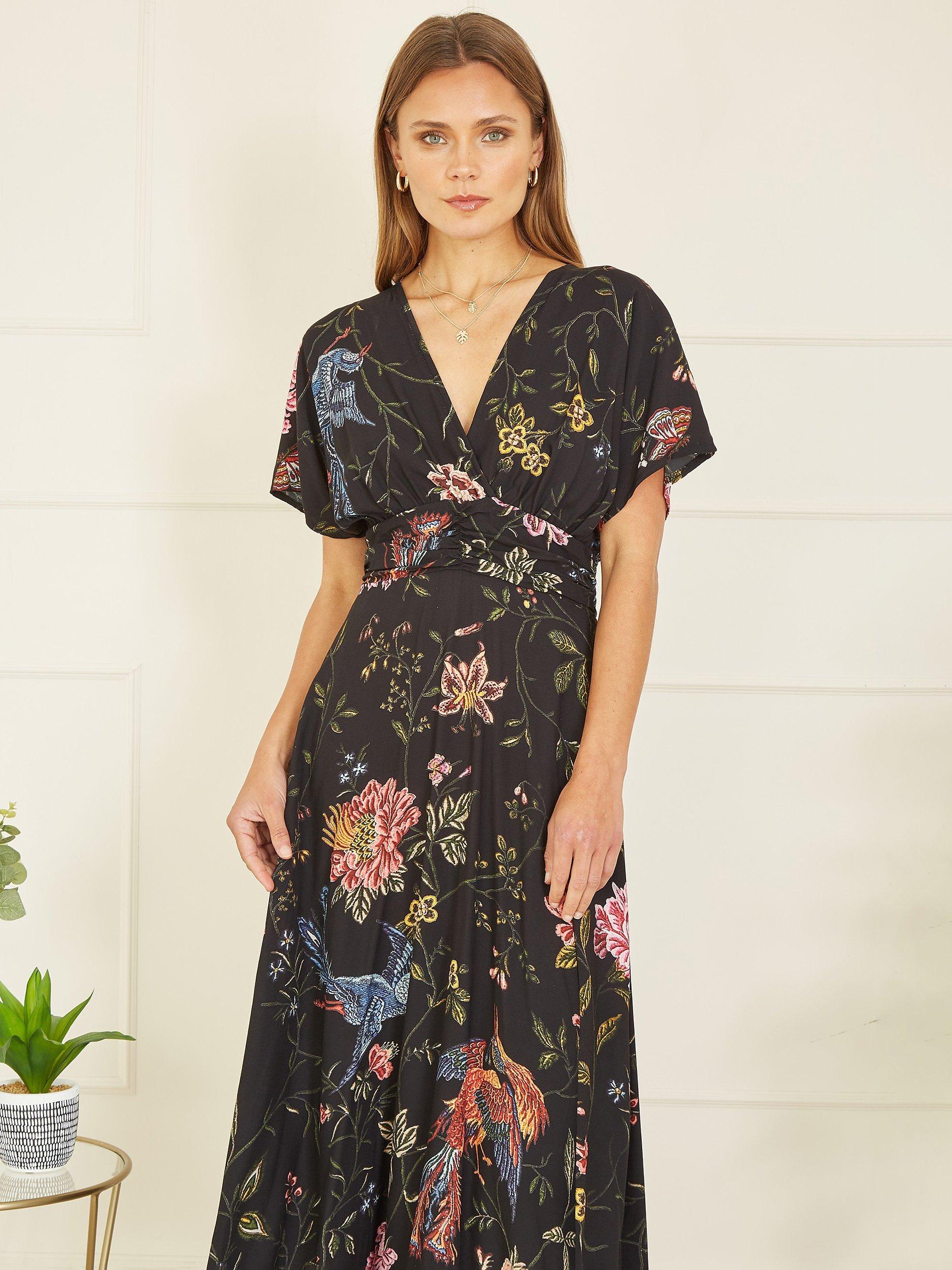 Yumi Bird And Floral Kimono Midi Dress, Black, 8