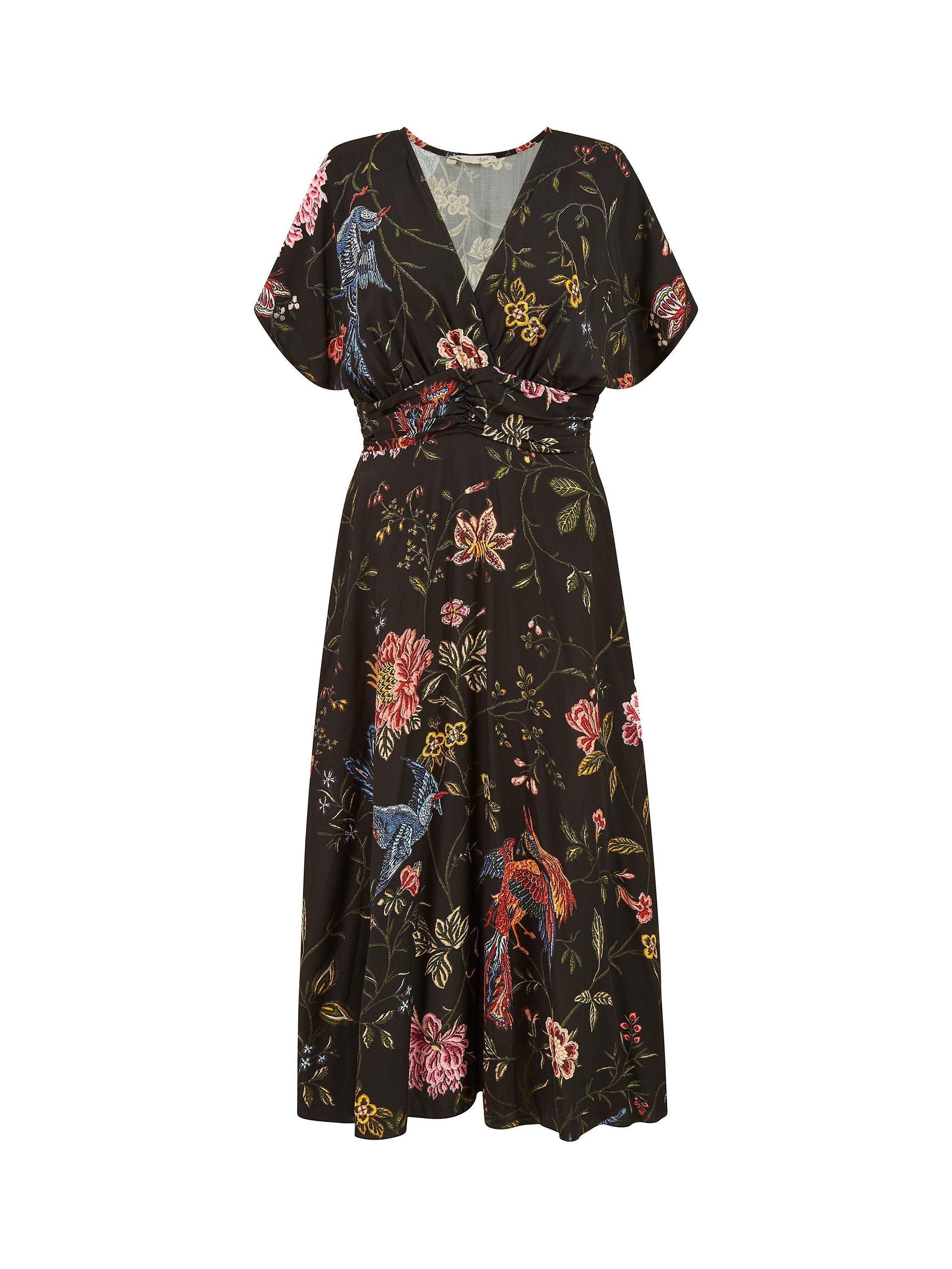 Product image 5 of 5, which shows Yumi Bird And Floral Kimono Midi Dress, Black, 8