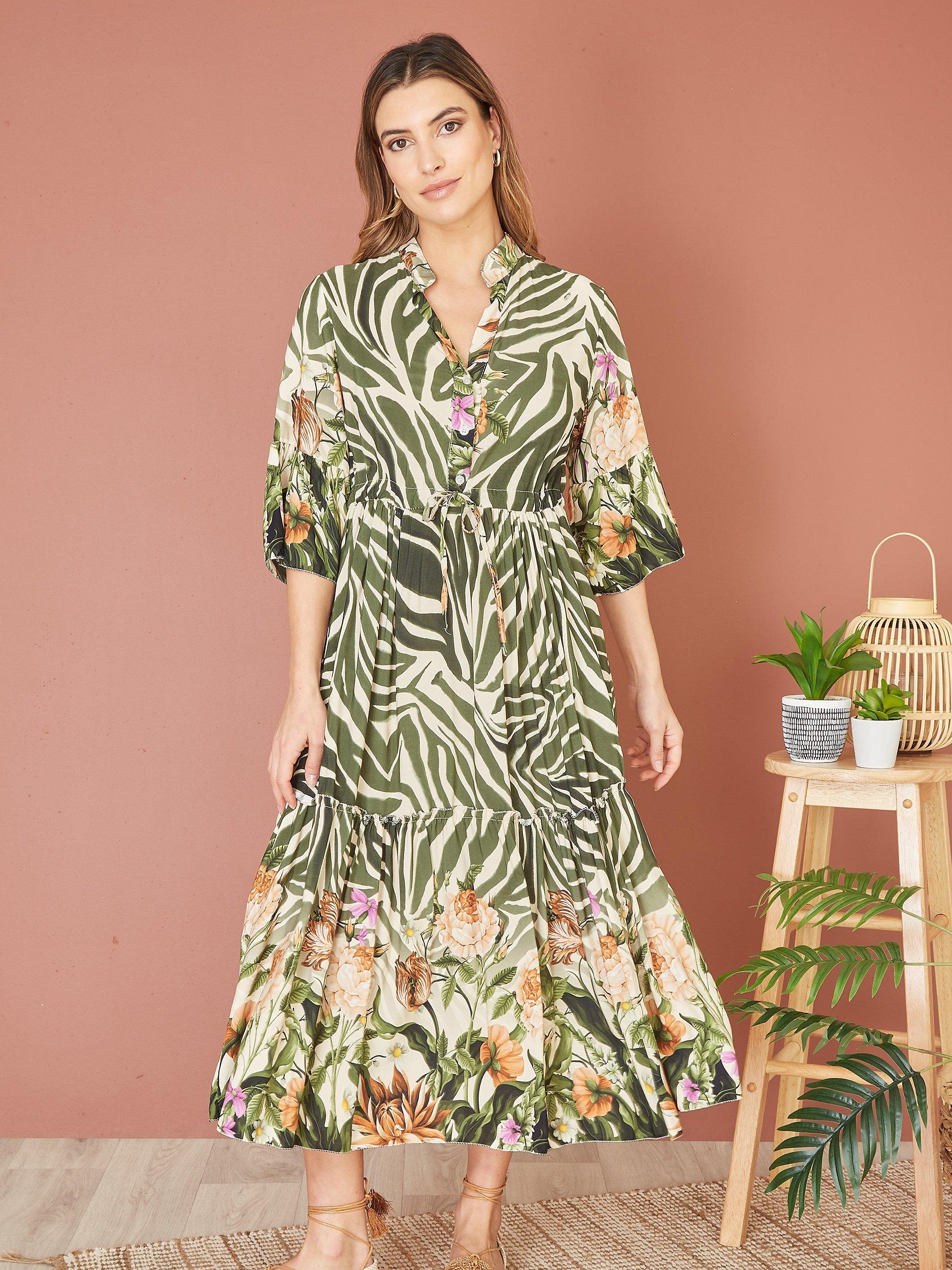 Product image 2 of 5, which shows Yumi Zebra Floral Print Midi Dress, Green, 10