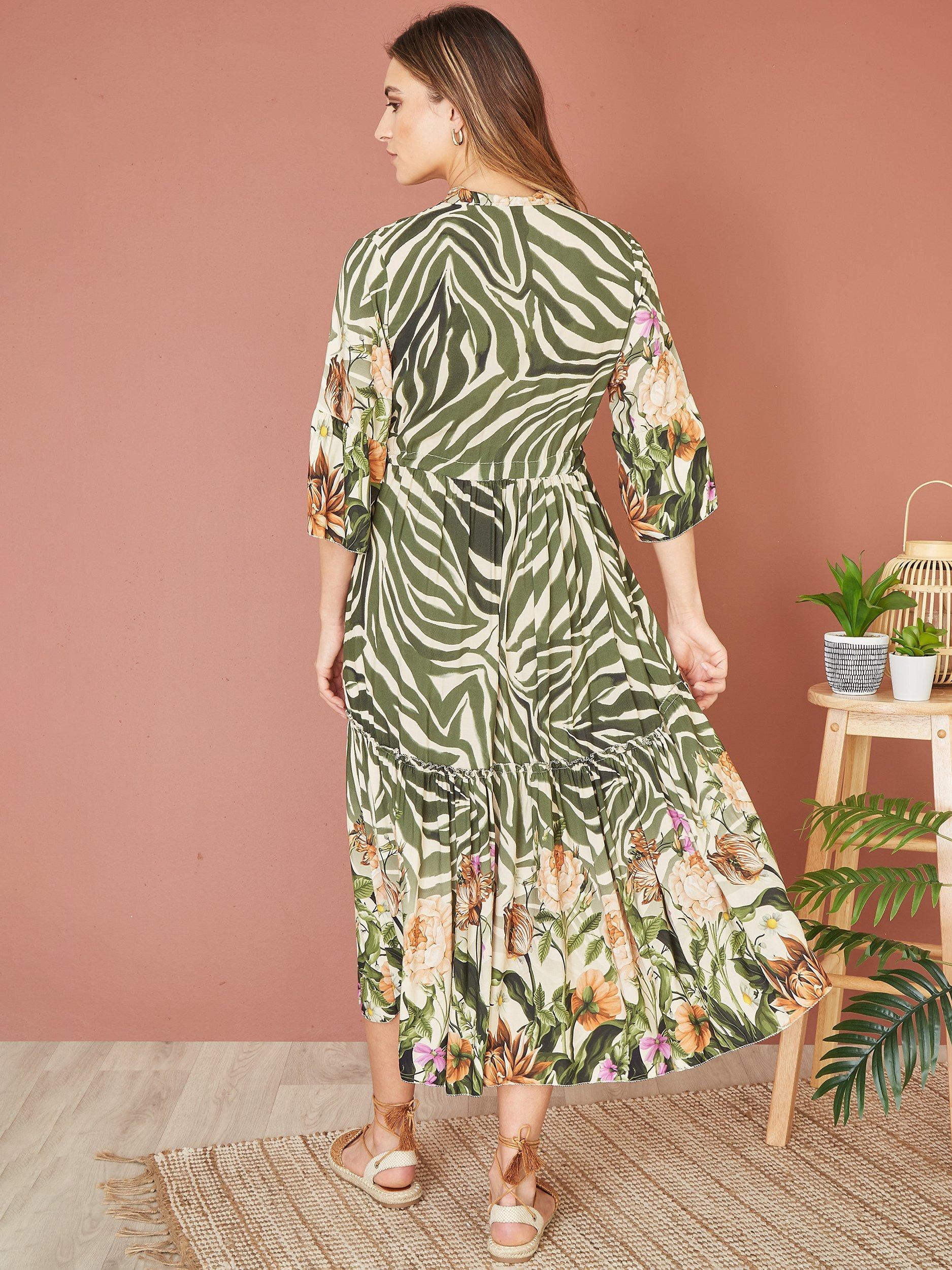 Product image 3 of 5, which shows Yumi Zebra Floral Print Midi Dress, Green, 10