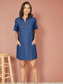Yumi Mini Cotton Tunic Dress, Blue - view 2, Blue