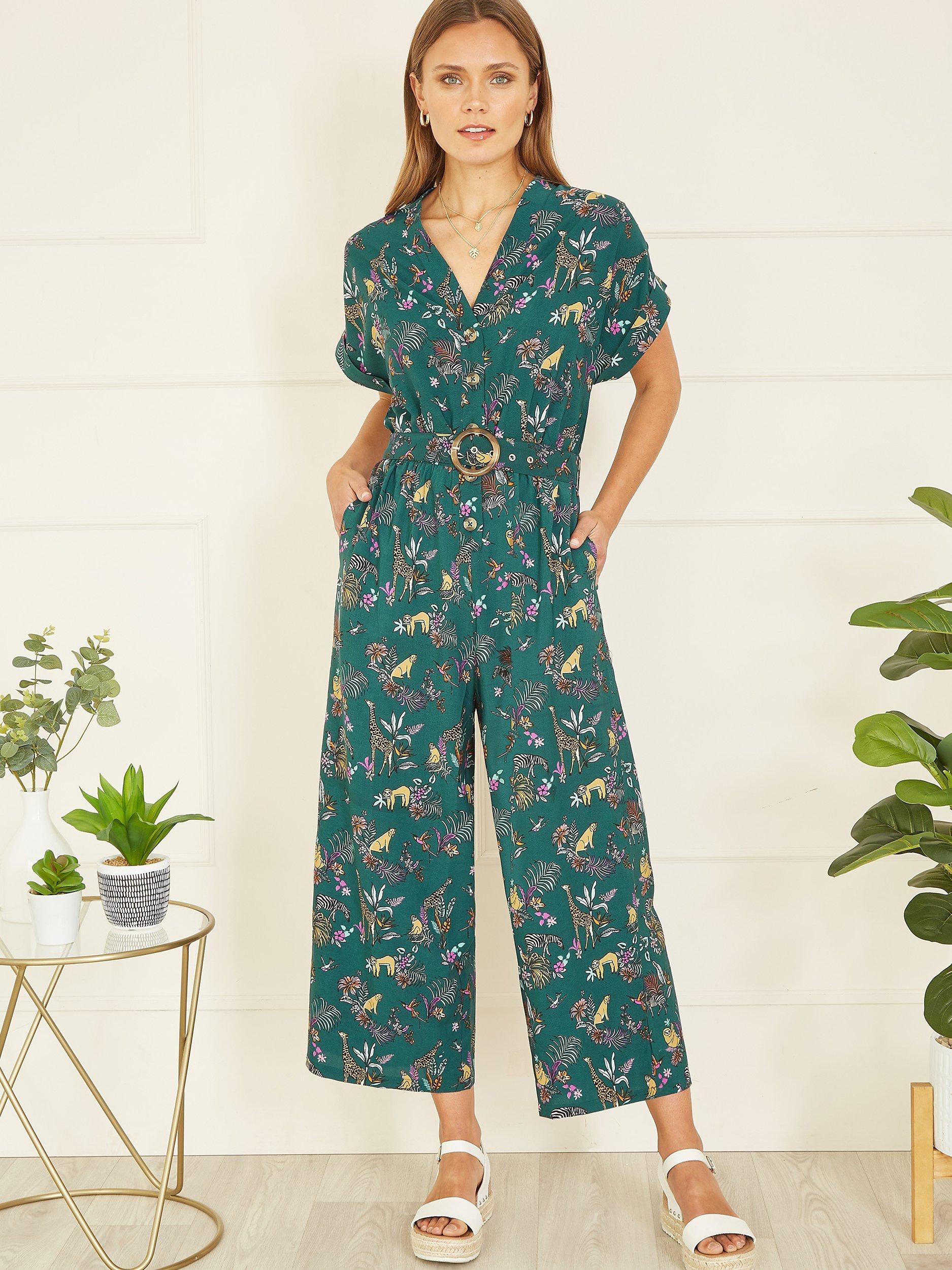 Yumi Animal Safari Short Sleeve Jumpsuit, Green