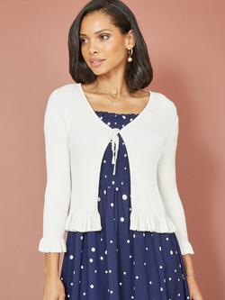 Yumi Tie Up Frill Hem Ribbed Cardigan, Ivory