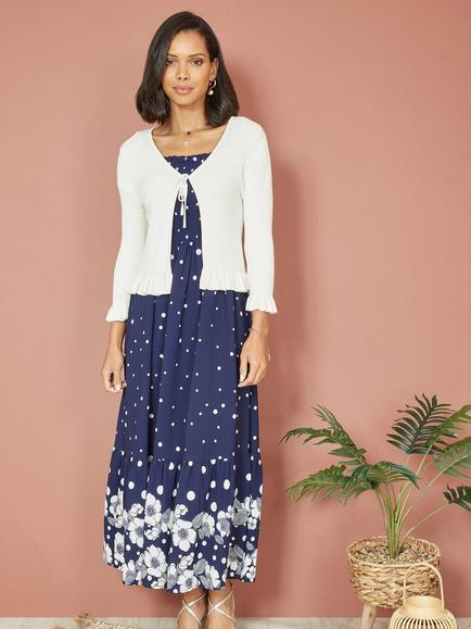 Yumi Tie Up Frill Hem Ribbed Cardigan - view 2, Ivory