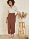 Yumi Tailored Front Split Belted Midi Skirt, Brown