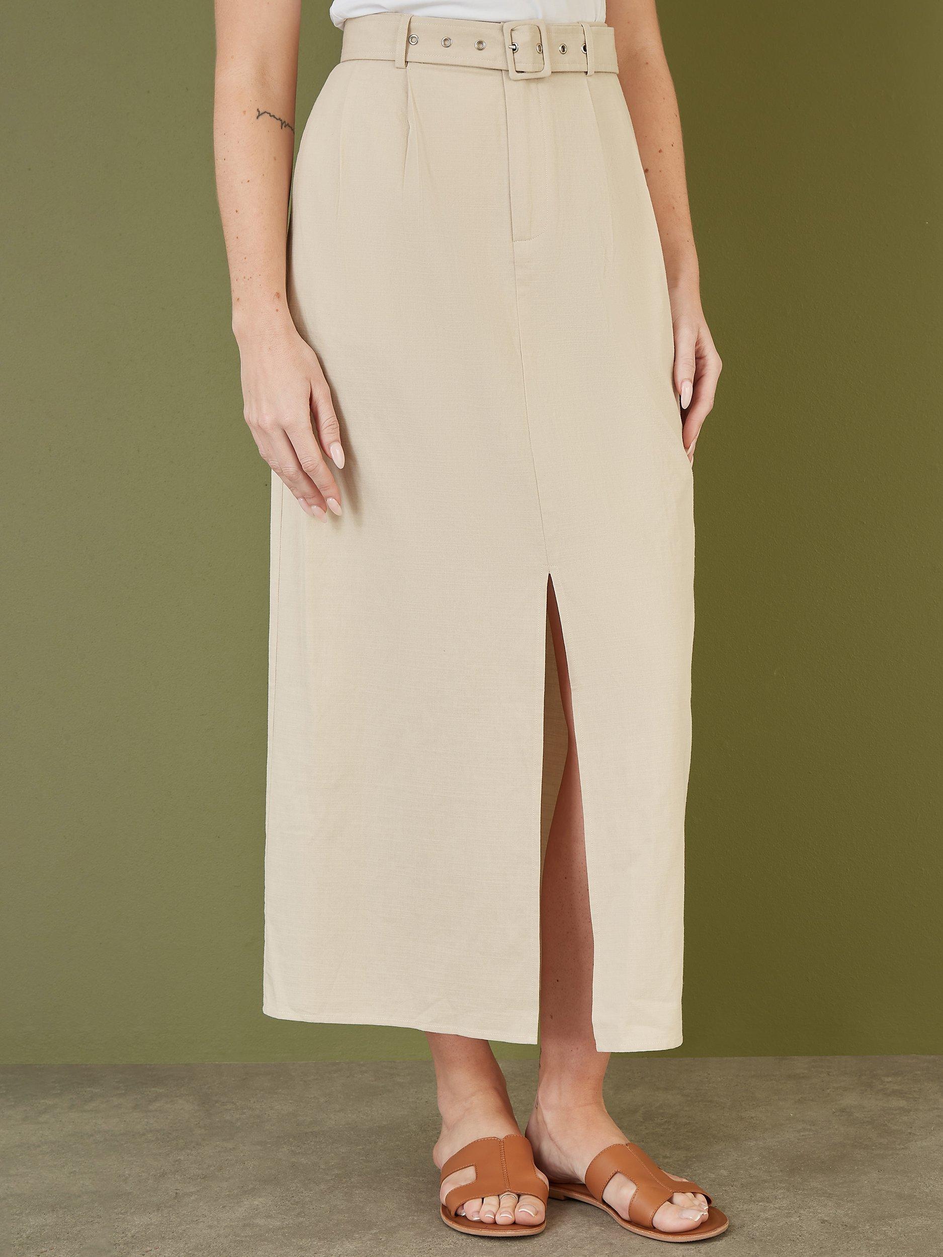 Product image 1 of 4, which shows Yumi Cotton Split Hem Midi Skirt, Natural, 8