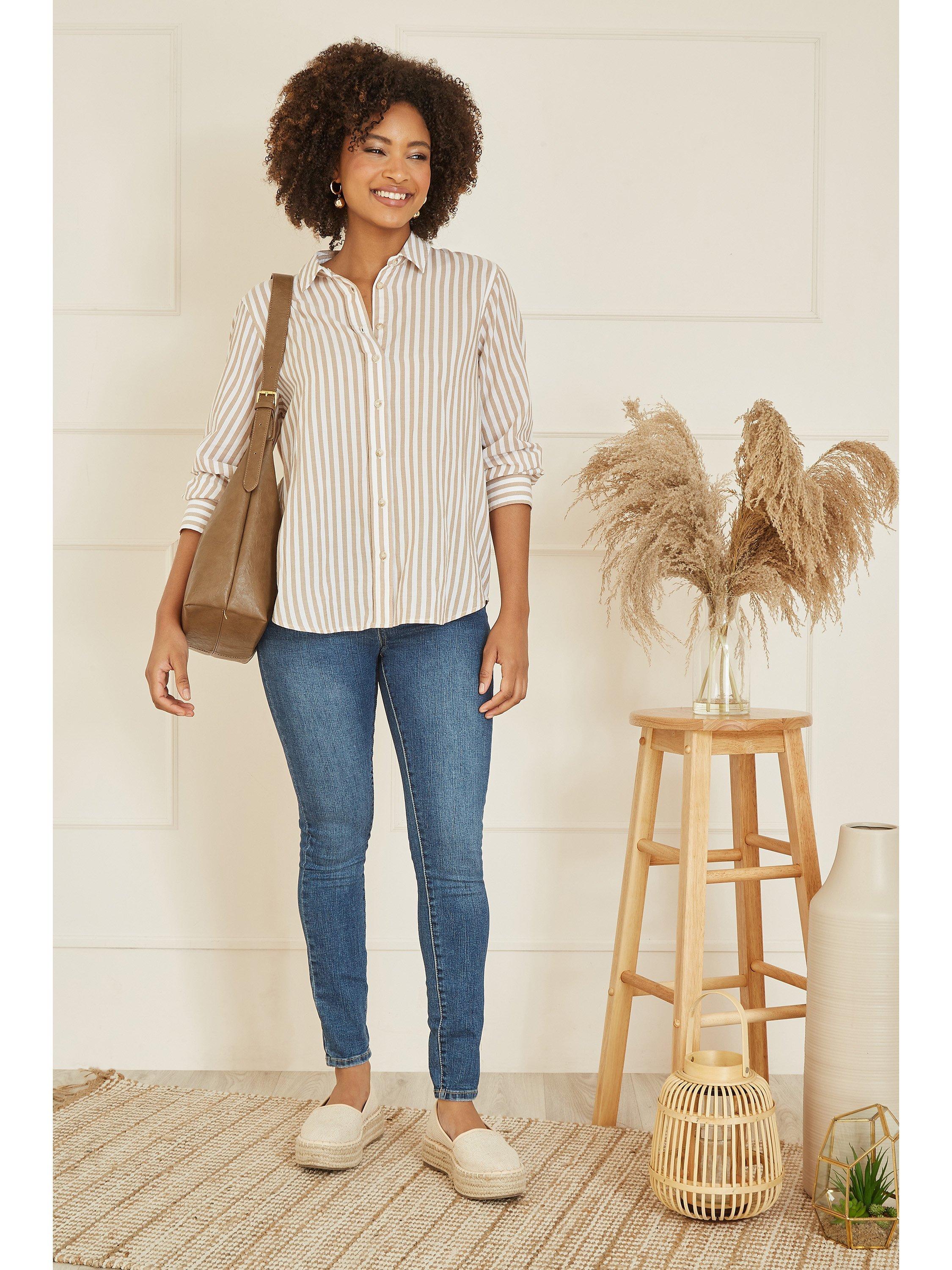 Product image 2 of 4, which shows Yumi Stripe Cotton Blend Shirt, Brown, 8