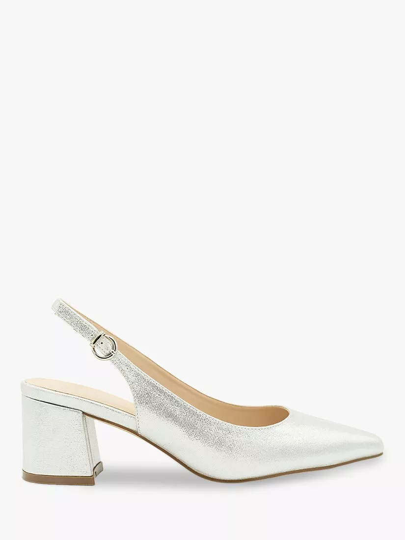 Paradox London Imelda Shimmer Block Heel Sling Back Court Shoes Silver