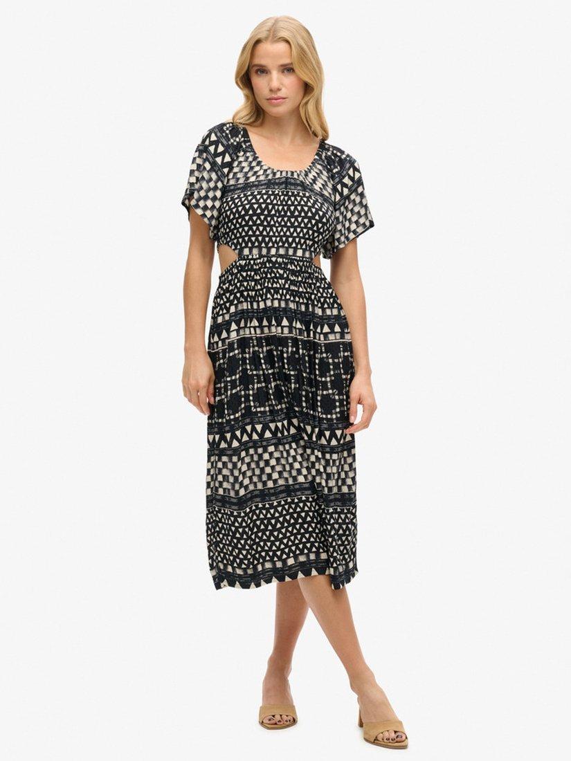 Product image 1 of 5, which shows Superdry Shirbori Layer Print Cut Out Midi Dress, Monochrome, 16