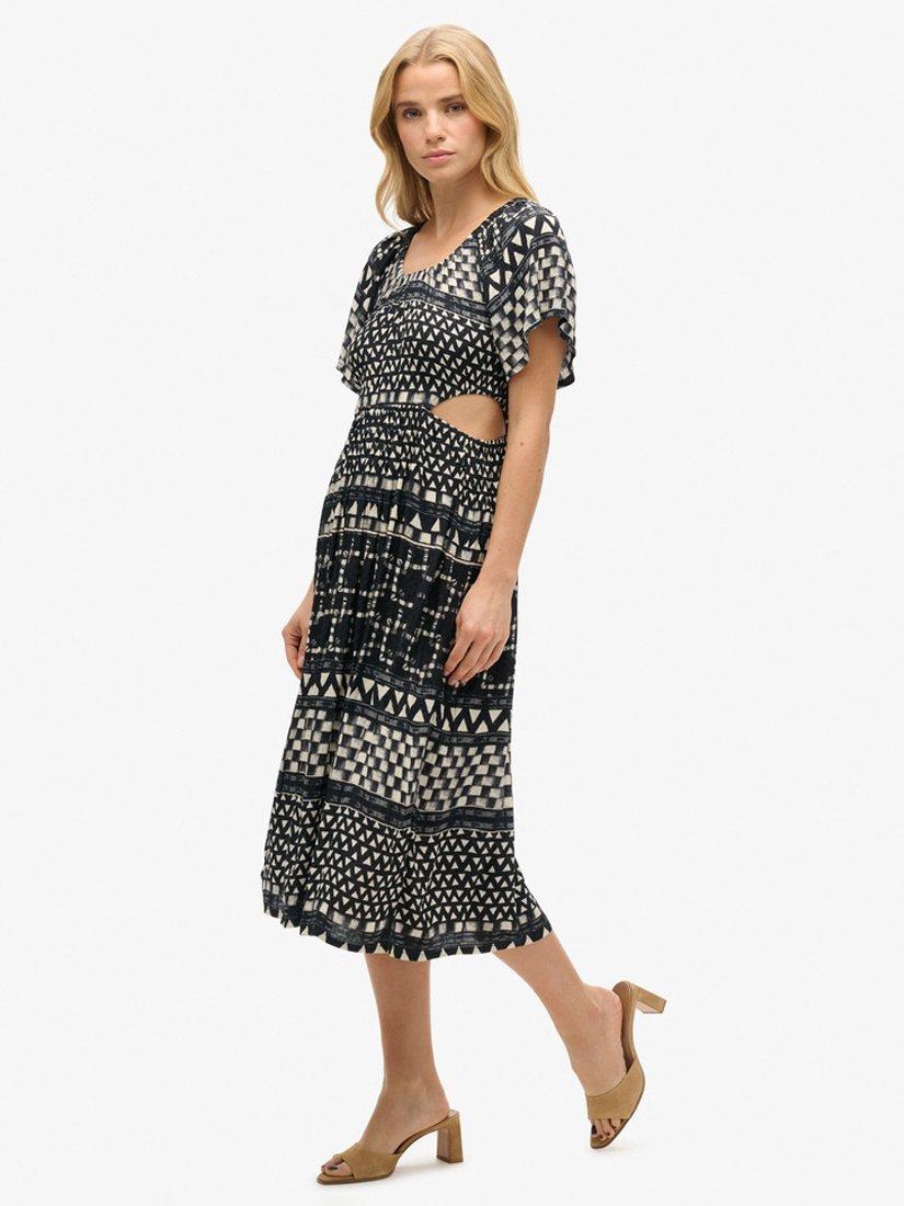 Product image 3 of 5, which shows Superdry Shirbori Layer Print Cut Out Midi Dress, Monochrome, 16