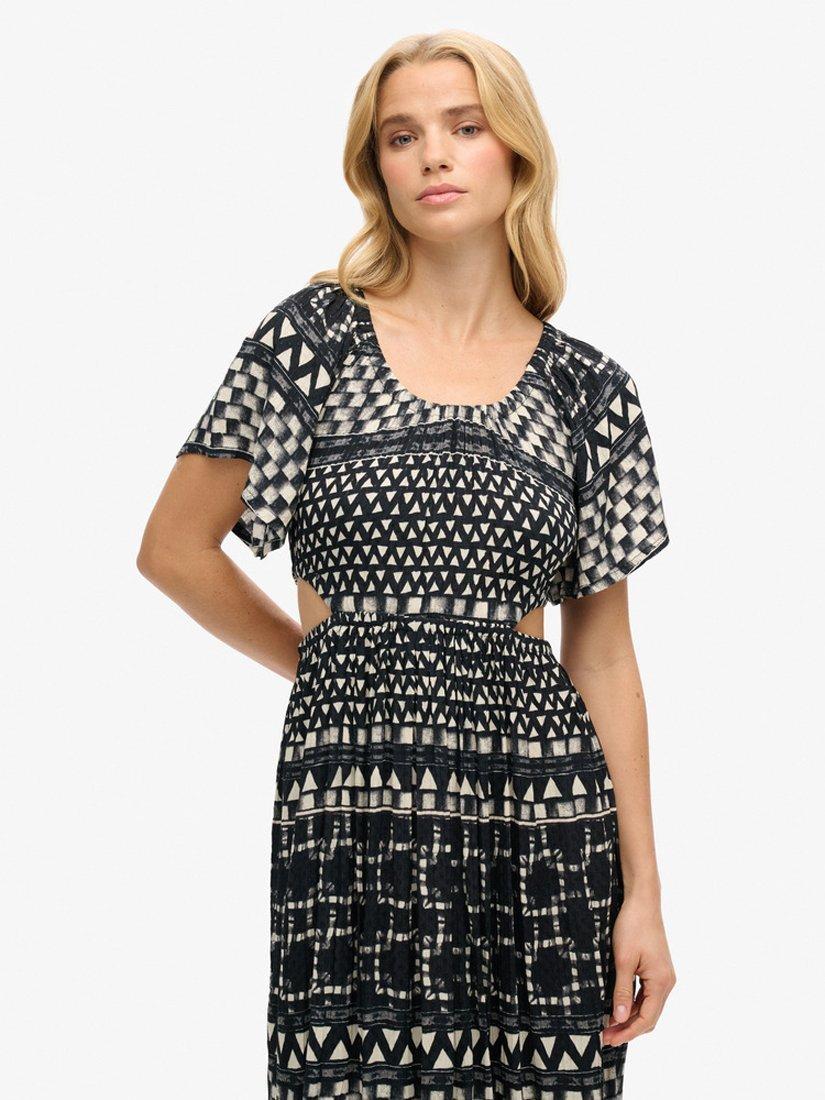 Product image 2 of 5, which shows Superdry Shirbori Layer Print Cut Out Midi Dress, Monochrome, 16