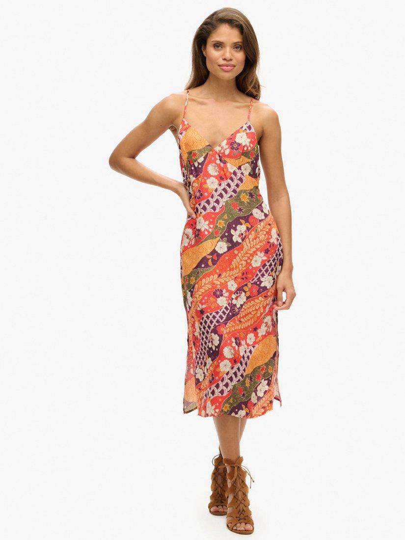 Product image 1 of 4, which shows Superdry Slip Cami Printed Midi Dress, Fluro Red Michinaga, 14