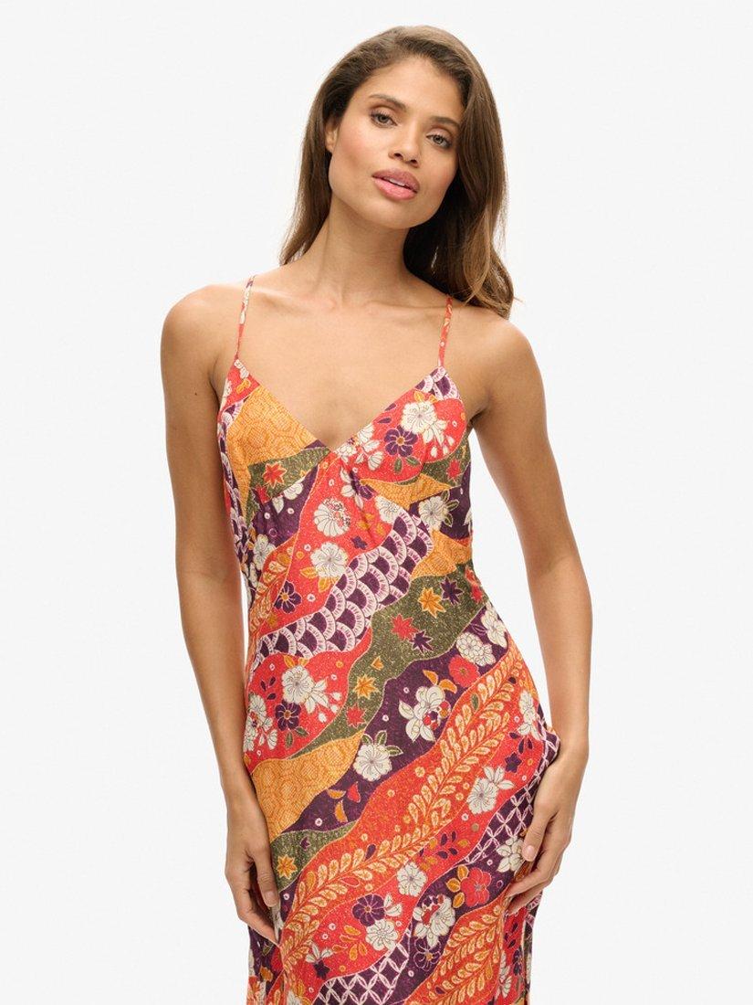 Product image 3 of 4, which shows Superdry Slip Cami Printed Midi Dress, Fluro Red Michinaga, 14