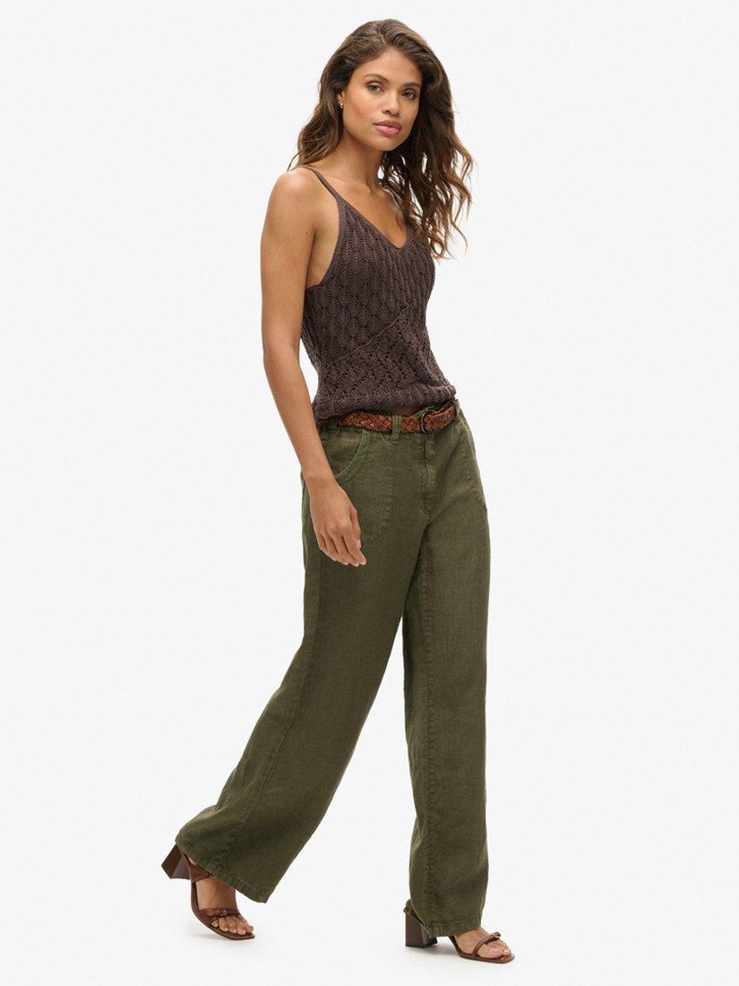 Product image 3 of 7, which shows Superdry Low Rise Wide Leg Linen Trousers, Washed Khaki, 8