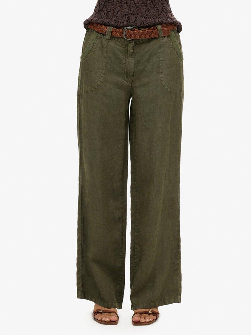 Product image 6 of 7, which shows Superdry Low Rise Wide Leg Linen Trousers, Washed Khaki, 8